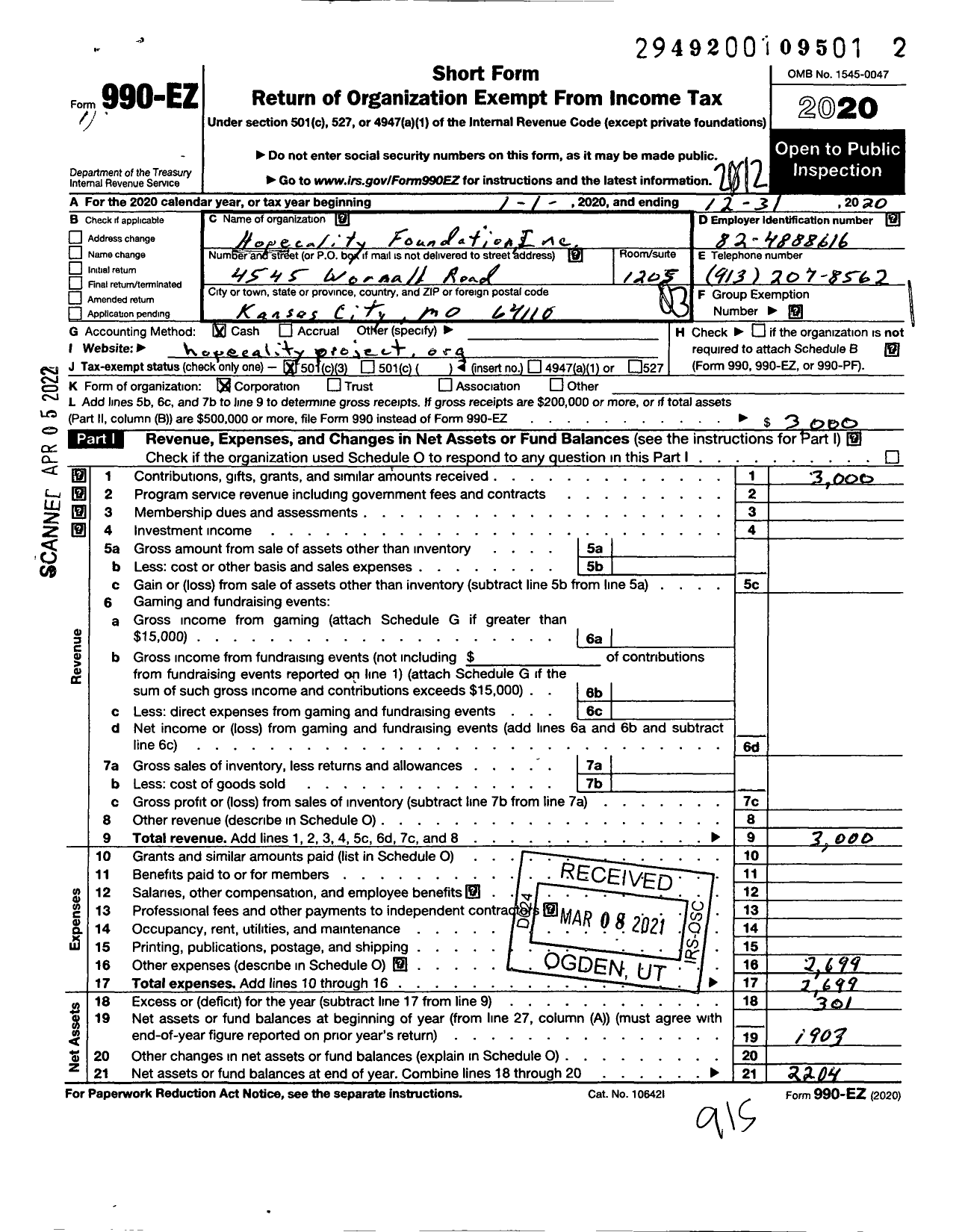 Image of first page of 2020 Form 990EZ for Hopecality Foundation