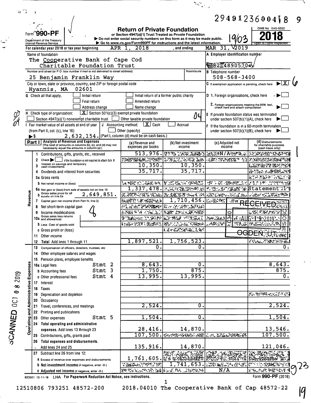 Image of first page of 2018 Form 990PF for The Cooperative Bank of Cape Cod Charitable Foundation Trust