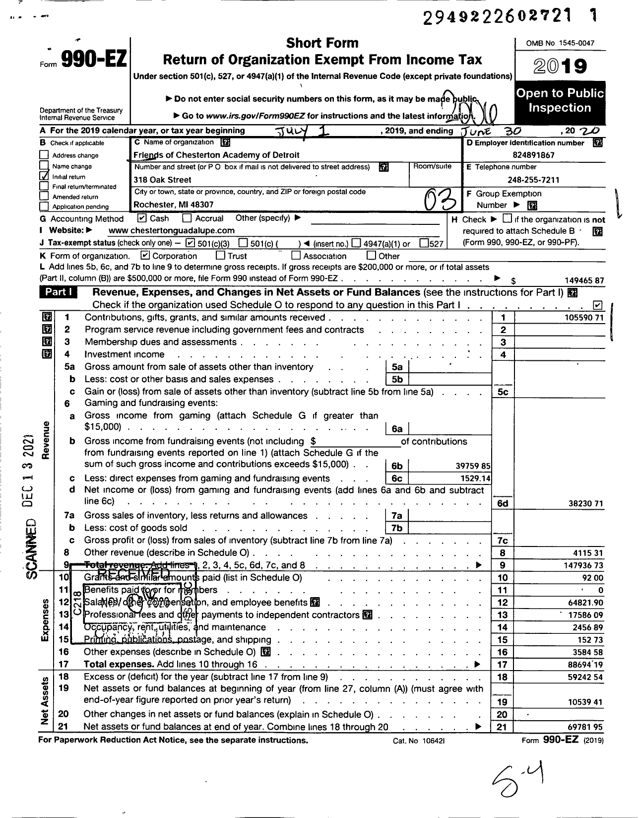 Image of first page of 2019 Form 990EZ for Friends of Chesterton Academy of Detroit Chesteton Acad of Our Lady of Guadalupe