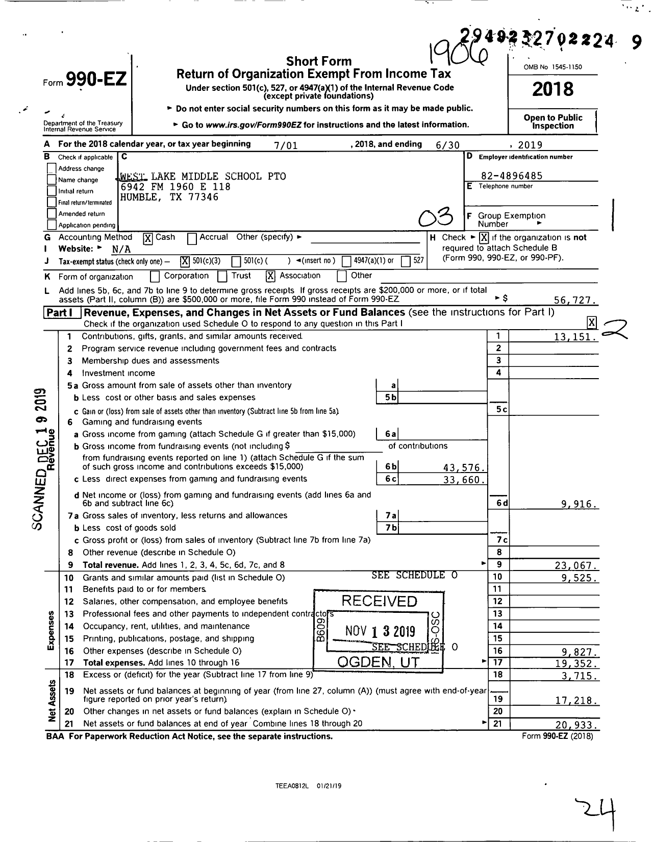 Image of first page of 2018 Form 990EZ for West Lake Middle School PTO