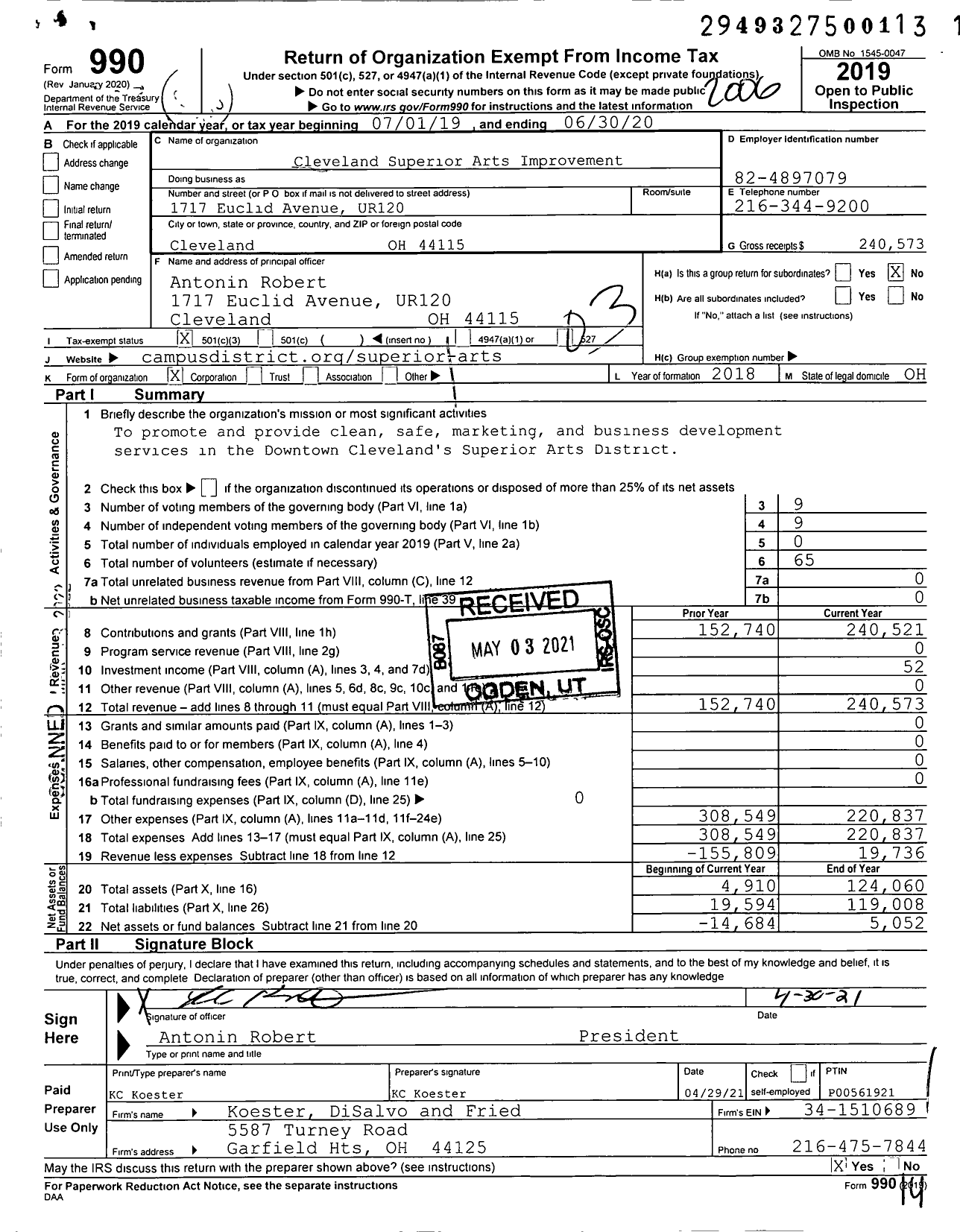 Image of first page of 2019 Form 990 for The Cleveland Superior Arts Improvement Corporation