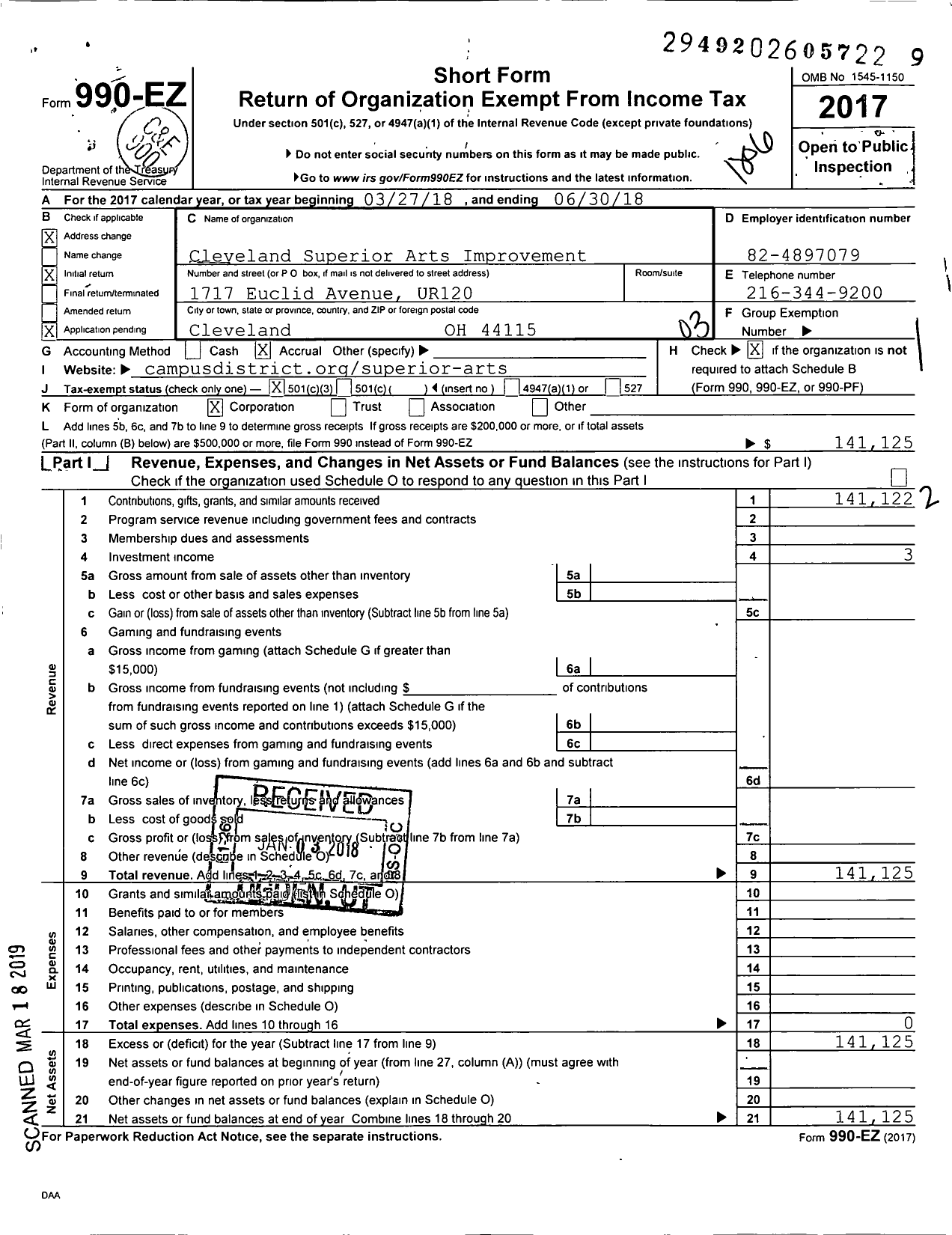 Image of first page of 2017 Form 990EZ for The Cleveland Superior Arts Improvement Corporation