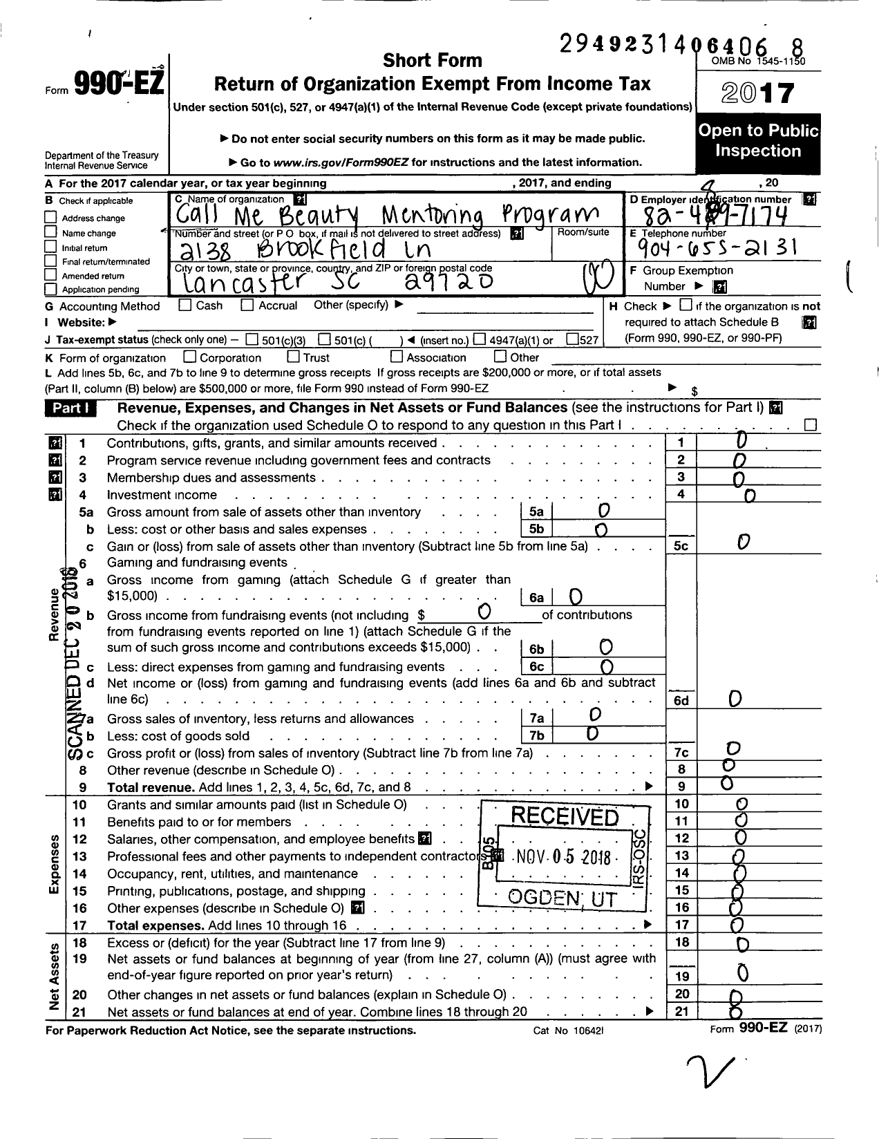 Image of first page of 2017 Form 990EO for Call Me Beauty Mentoring Program