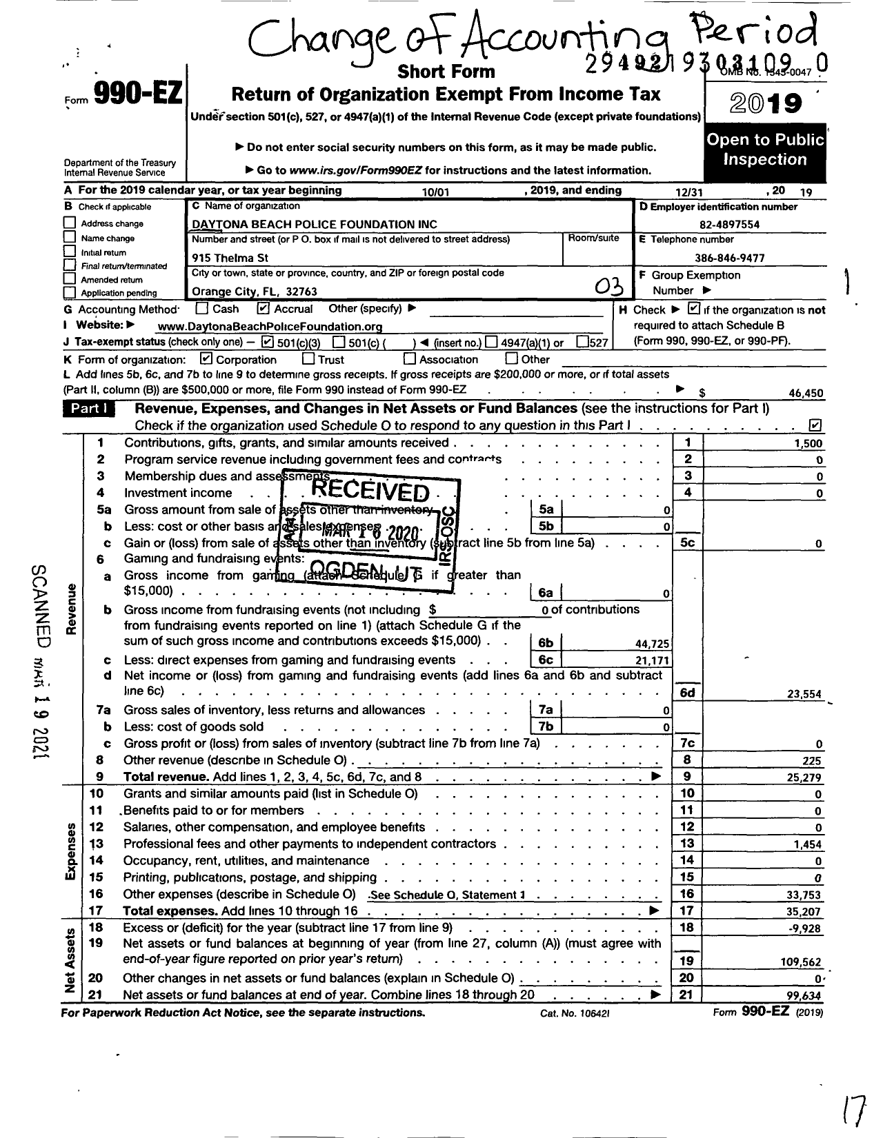 Image of first page of 2019 Form 990EZ for Daytona Beach Police Foundation