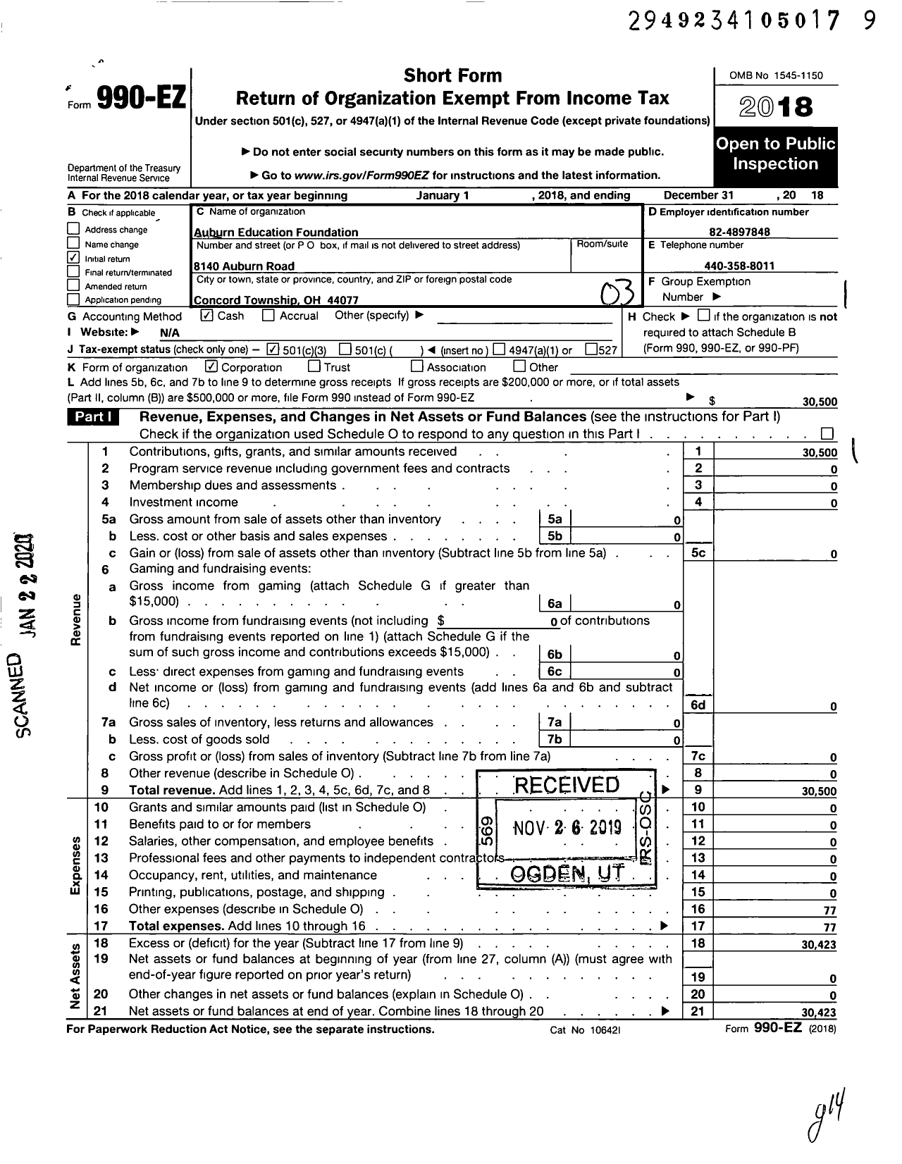 Image of first page of 2018 Form 990EZ for Auburn Education Foundation