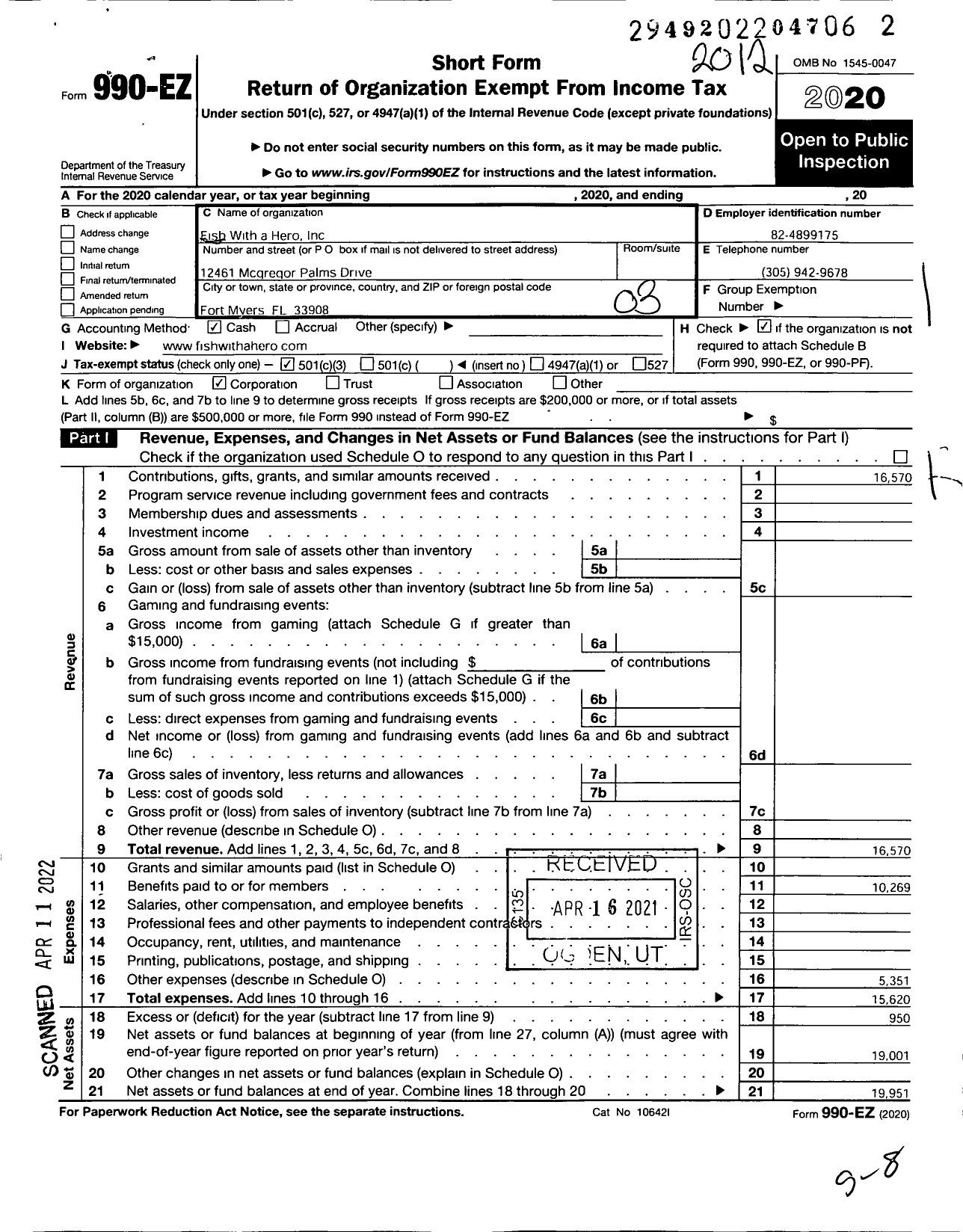 Image of first page of 2020 Form 990EZ for Fish with A Hero