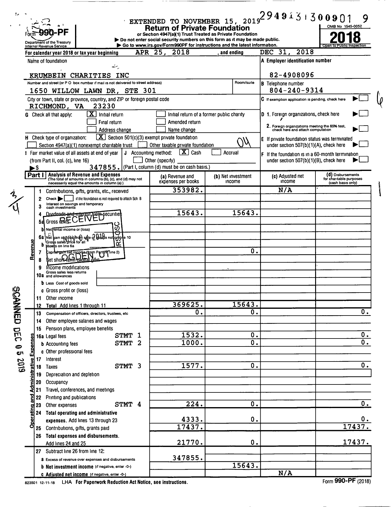 Image of first page of 2018 Form 990PF for Krumbein Charities