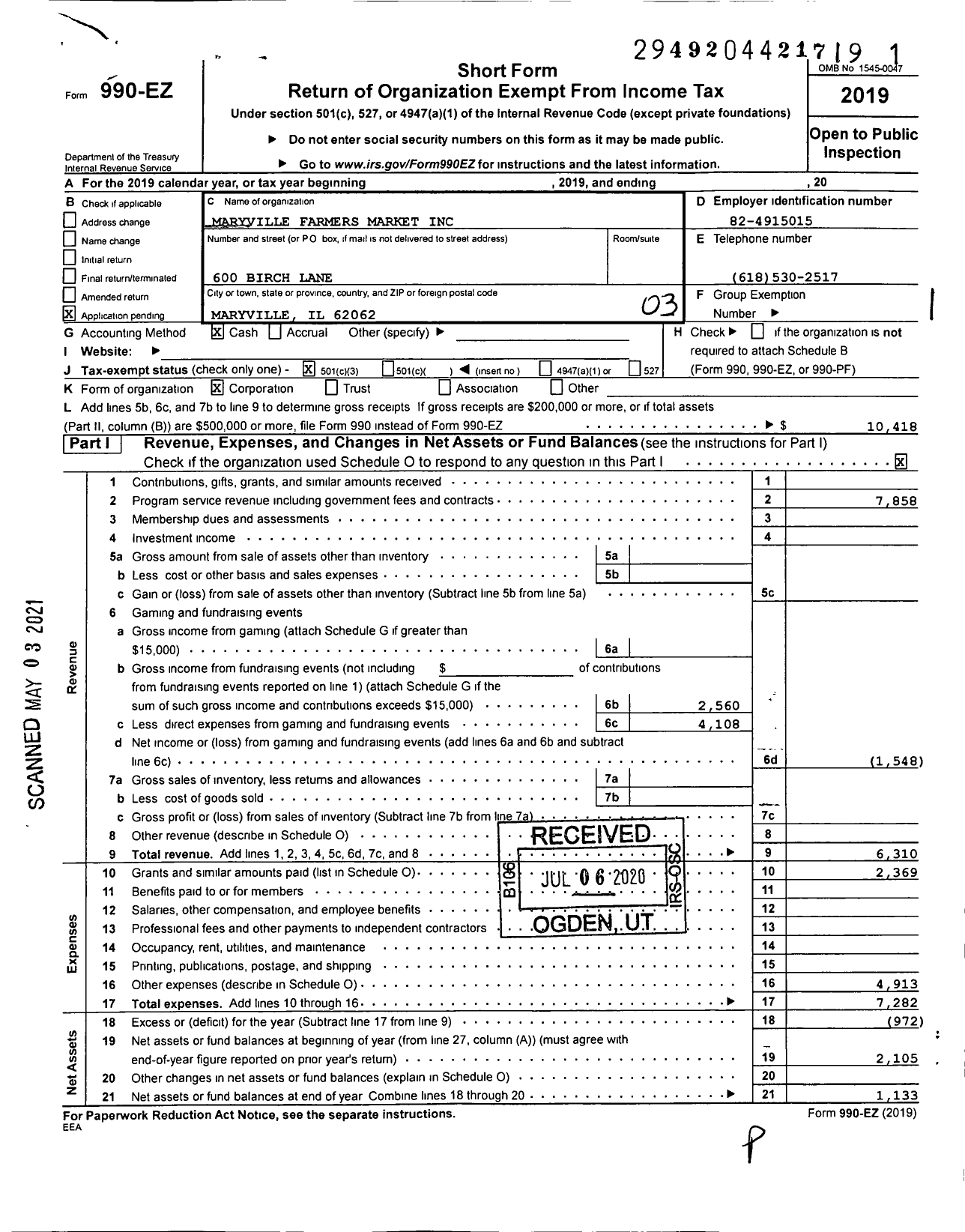 Image of first page of 2019 Form 990EZ for Maryville Farmers Market