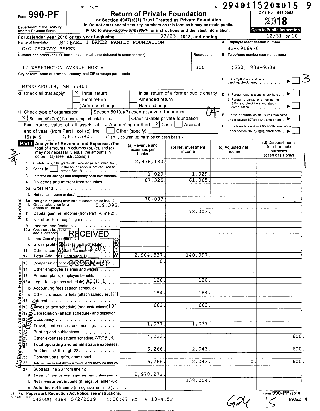 Image of first page of 2018 Form 990PF for Michael H Baker Family Foundation