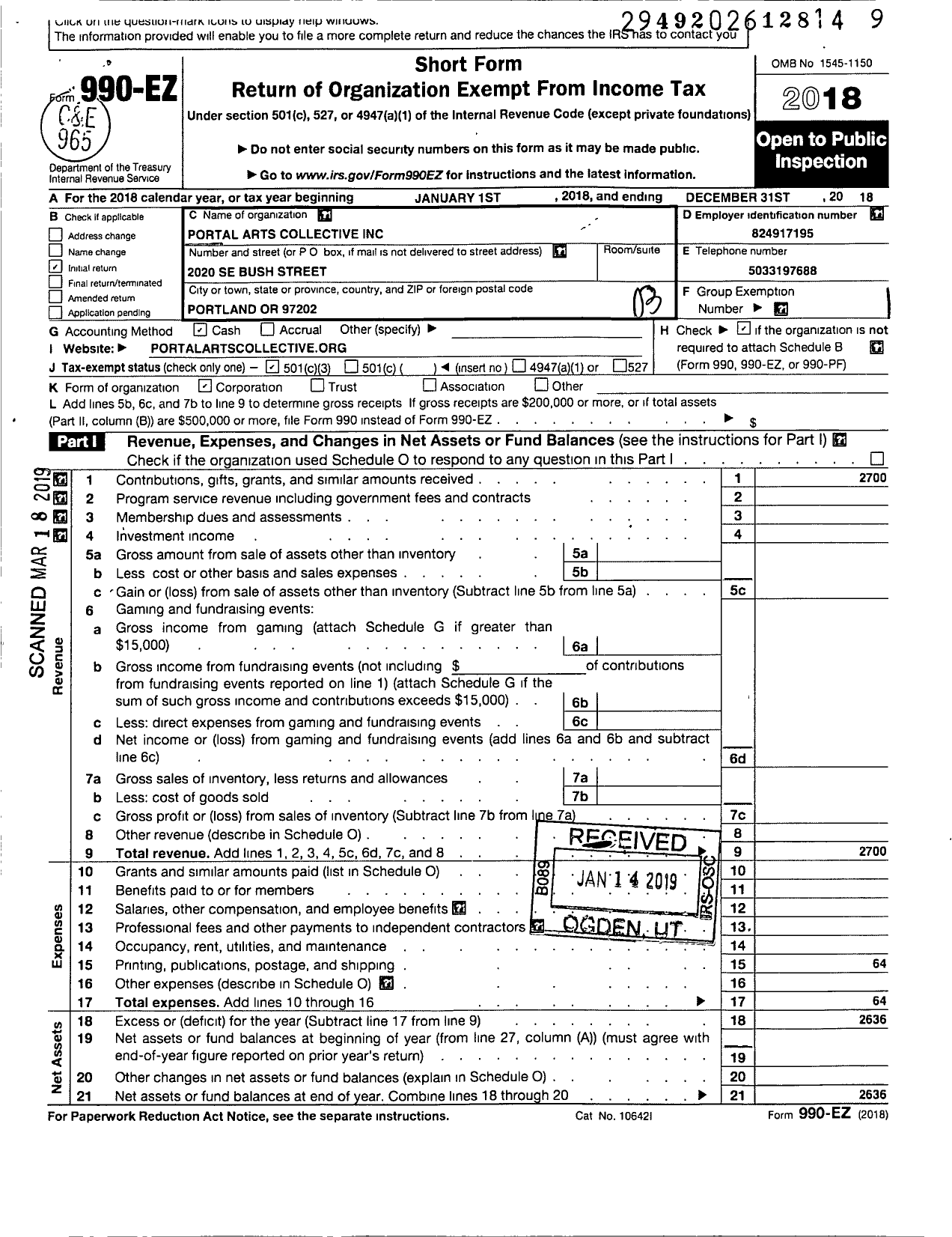 Image of first page of 2018 Form 990EZ for Portal Arts Collective