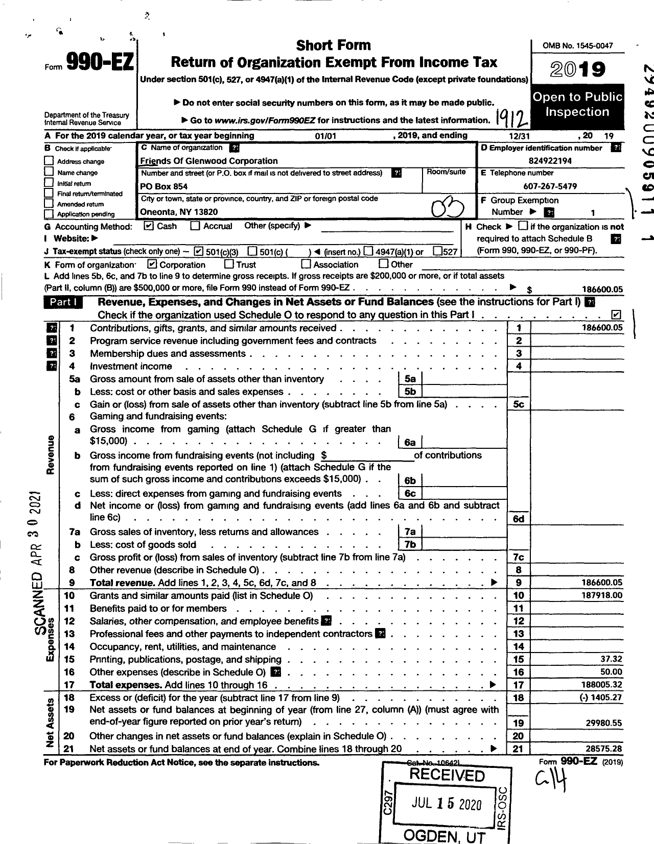 Image of first page of 2019 Form 990EZ for Friends of Glenwood Corporation