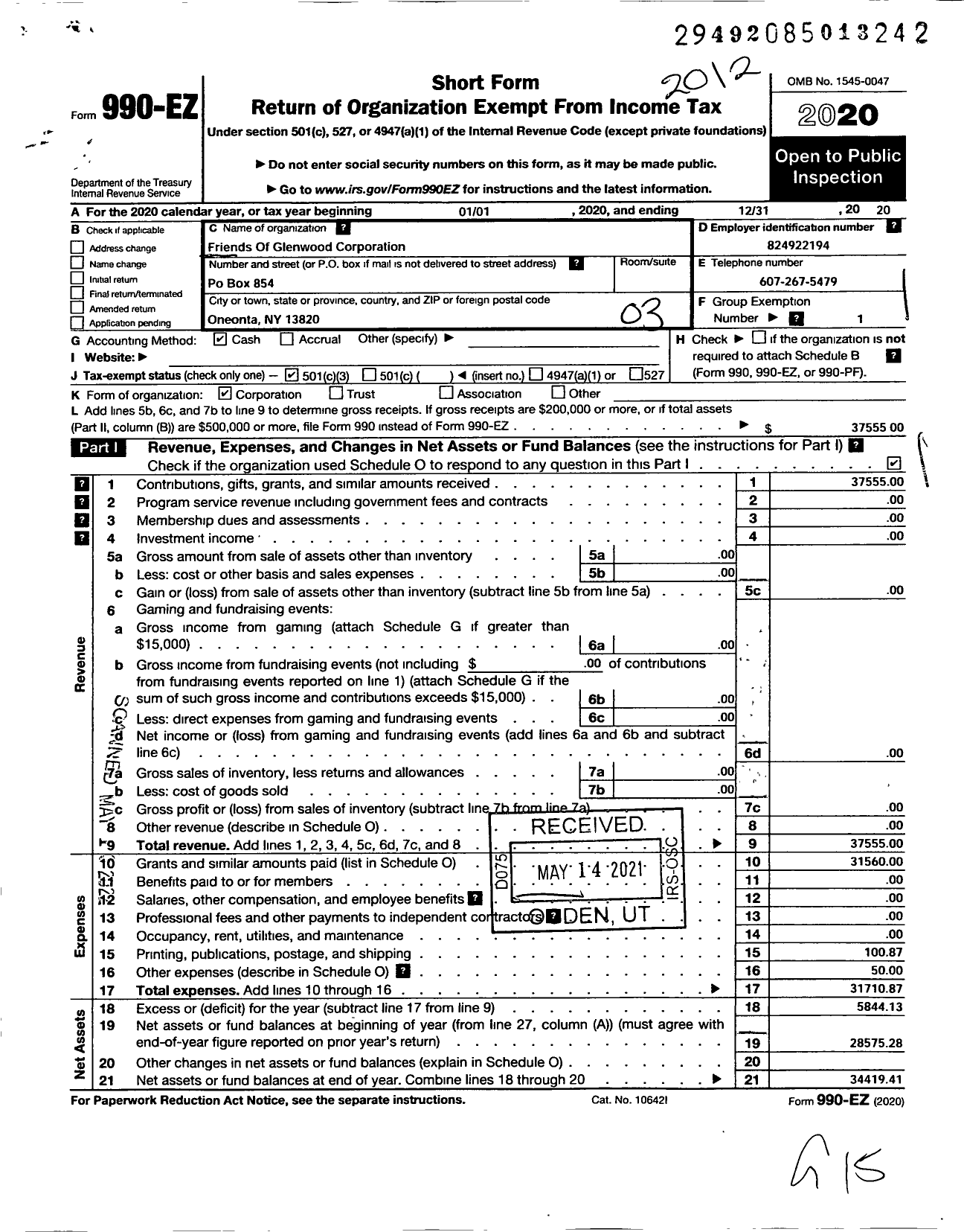 Image of first page of 2020 Form 990EZ for Friends of Glenwood Corporation