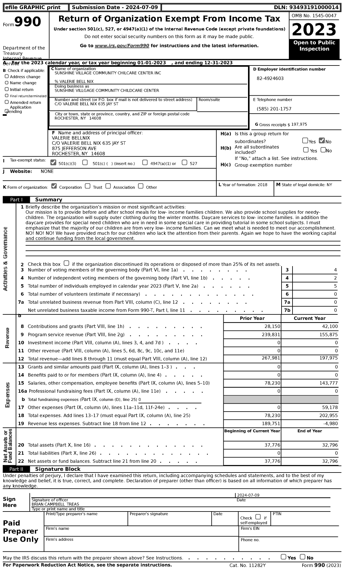 Image of first page of 2023 Form 990 for Sunshine Villgage Community Childcare Center