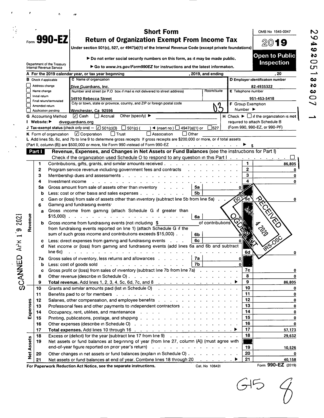 Image of first page of 2019 Form 990EZ for Dive Guardians