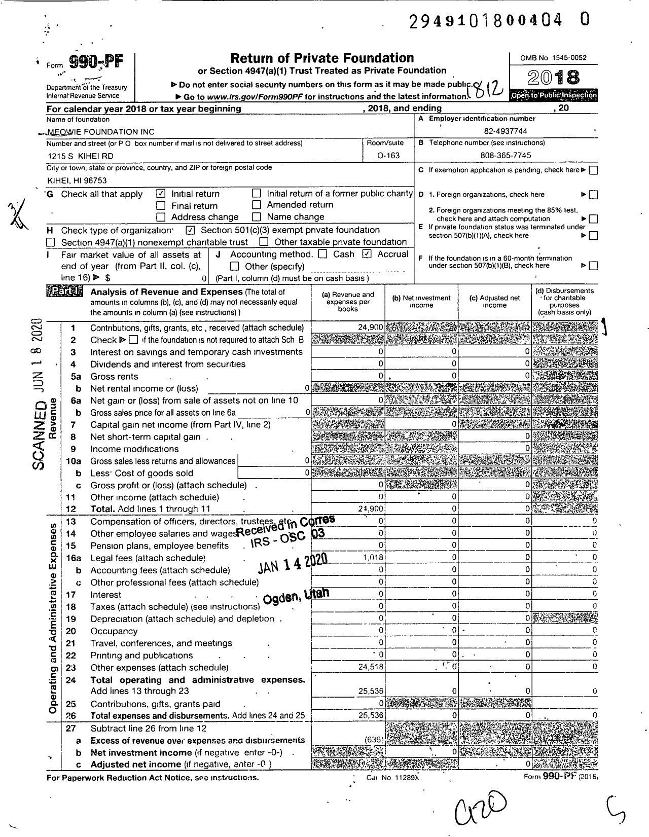 Image of first page of 2018 Form 990PR for Meowie Foundation