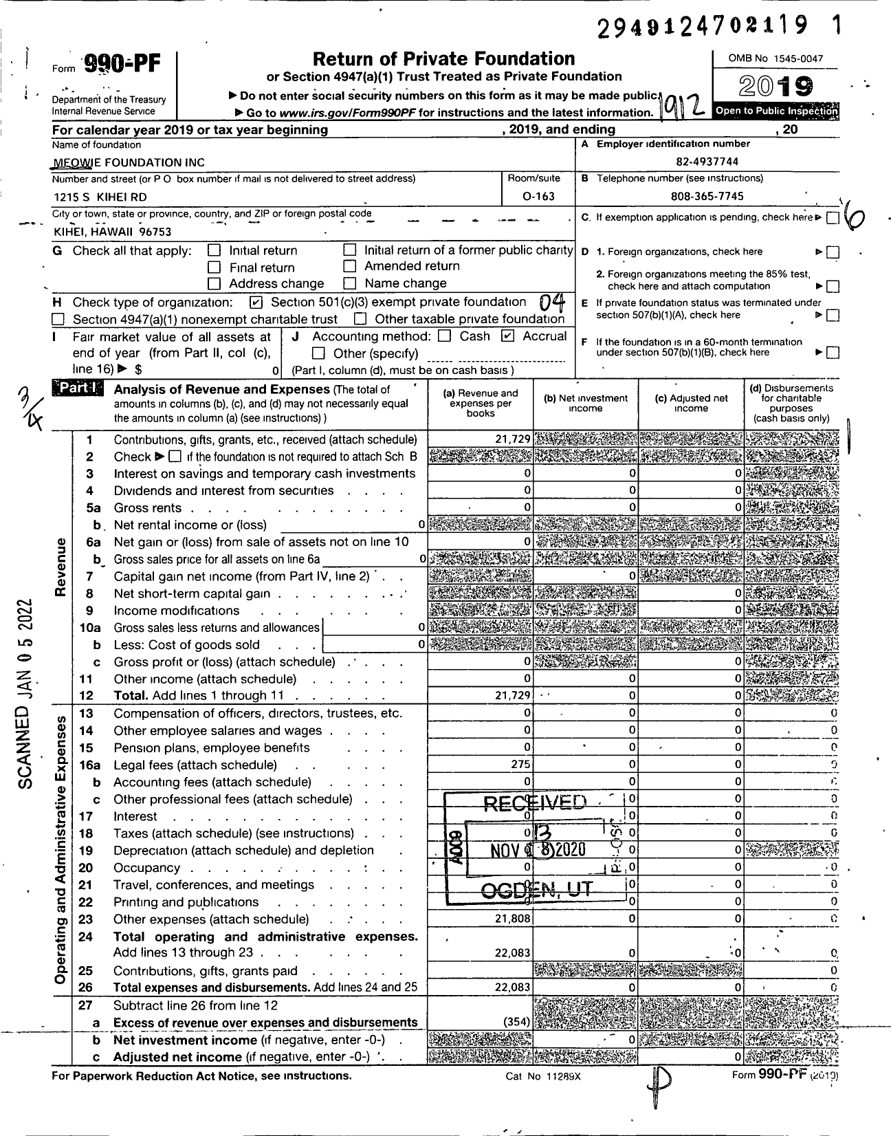 Image of first page of 2019 Form 990PF for Meowie Foundation