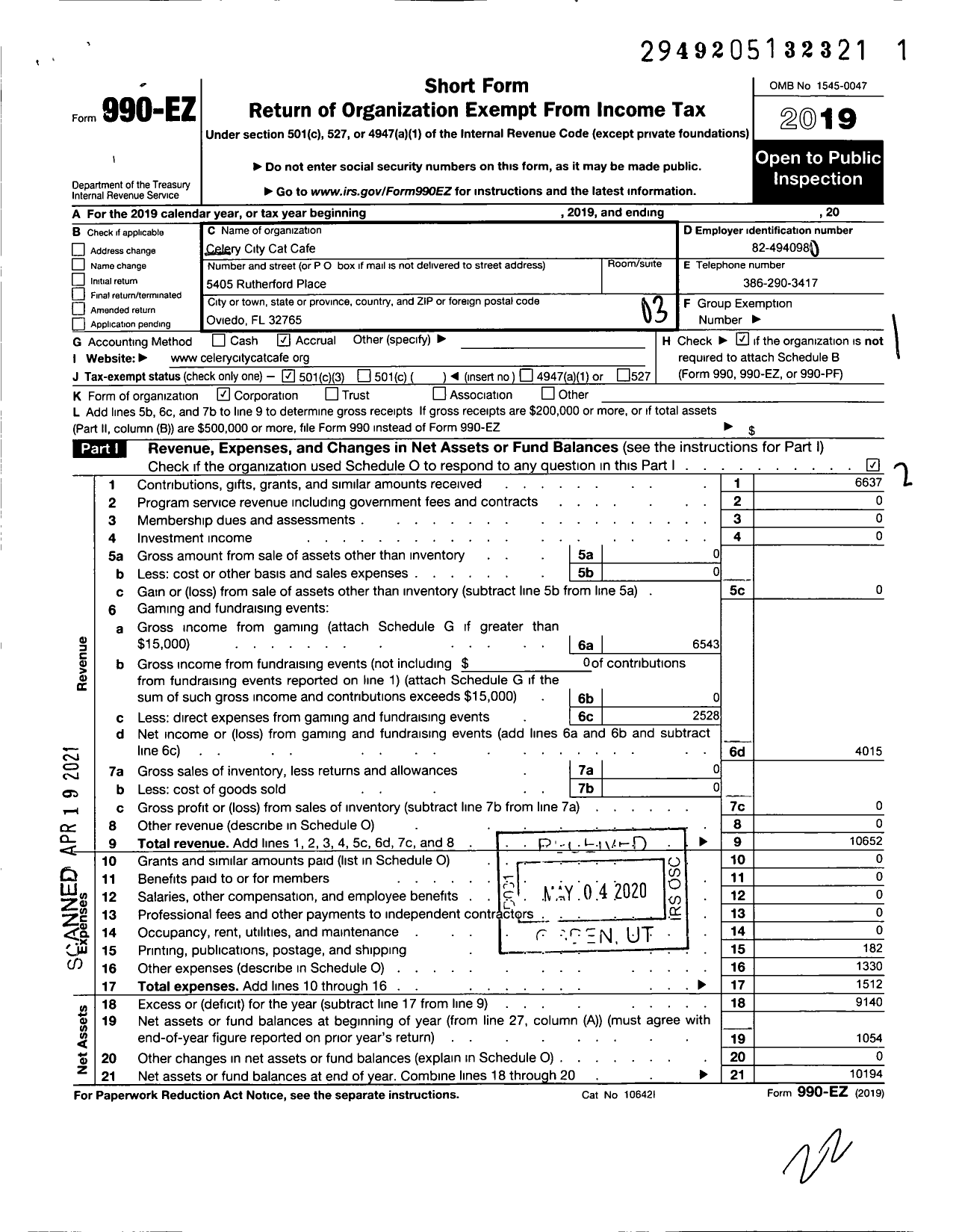 Image of first page of 2019 Form 990EZ for Central Florida Community Pet Clinic