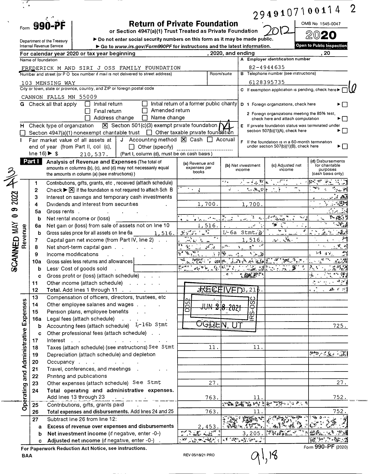 Image of first page of 2020 Form 990PF for Frederick M and Siri J Oss Family Foundation