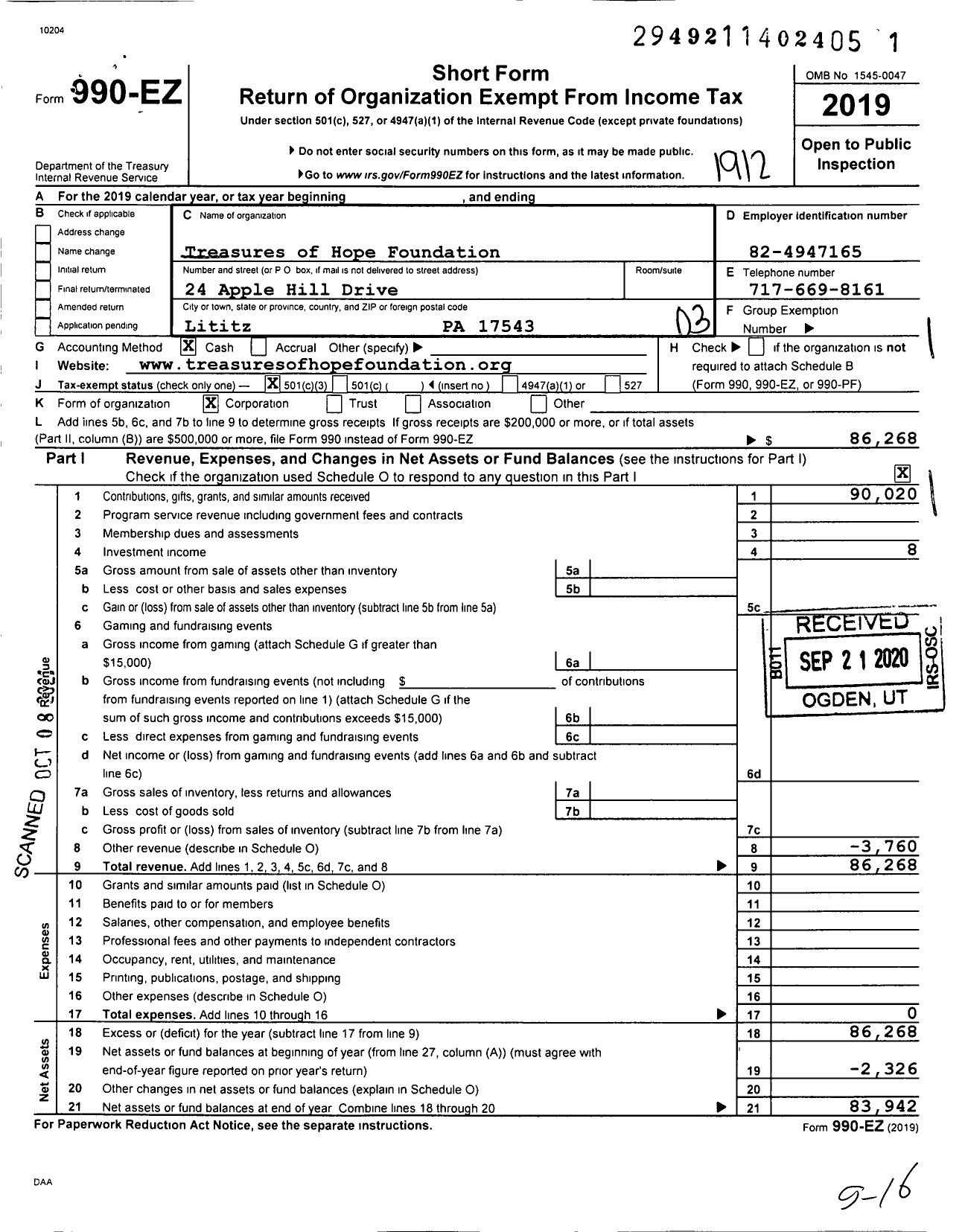 Image of first page of 2019 Form 990EZ for Treasures of Hope Foundation