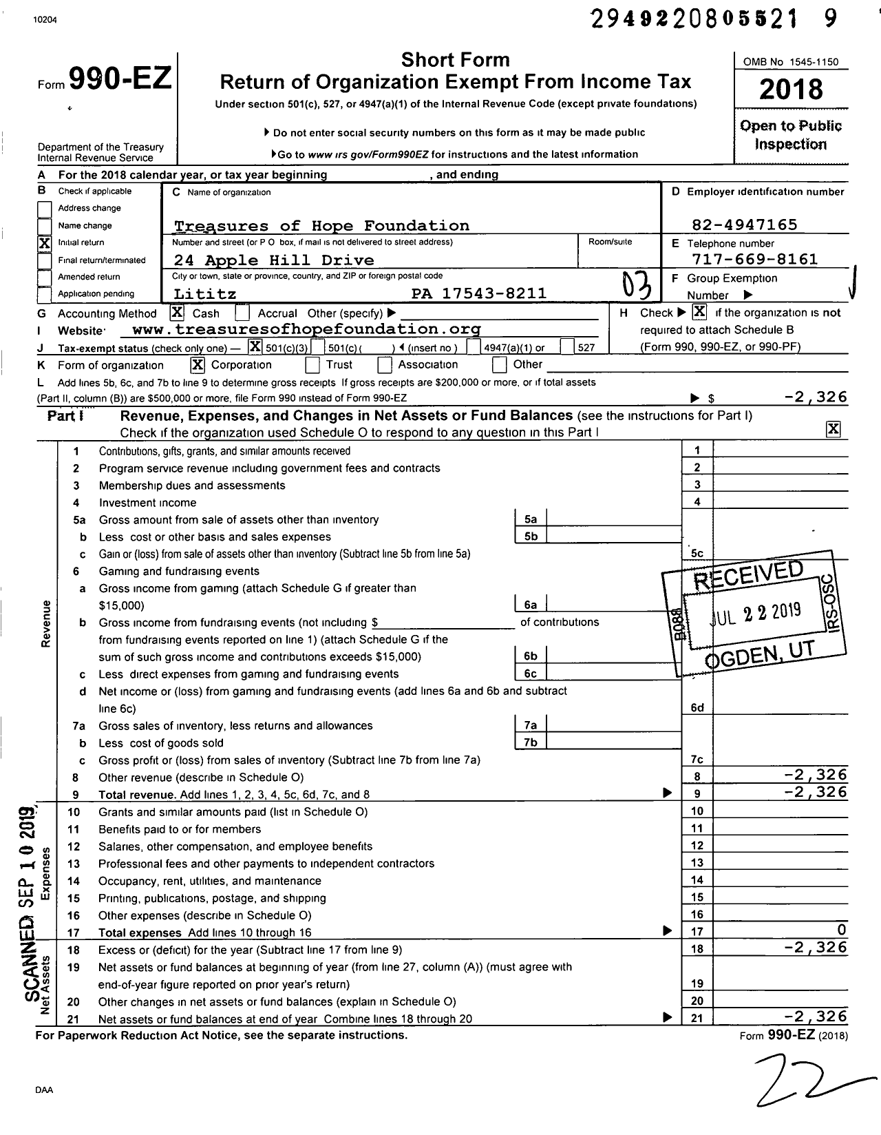 Image of first page of 2018 Form 990EZ for Treasures of Hope Foundation