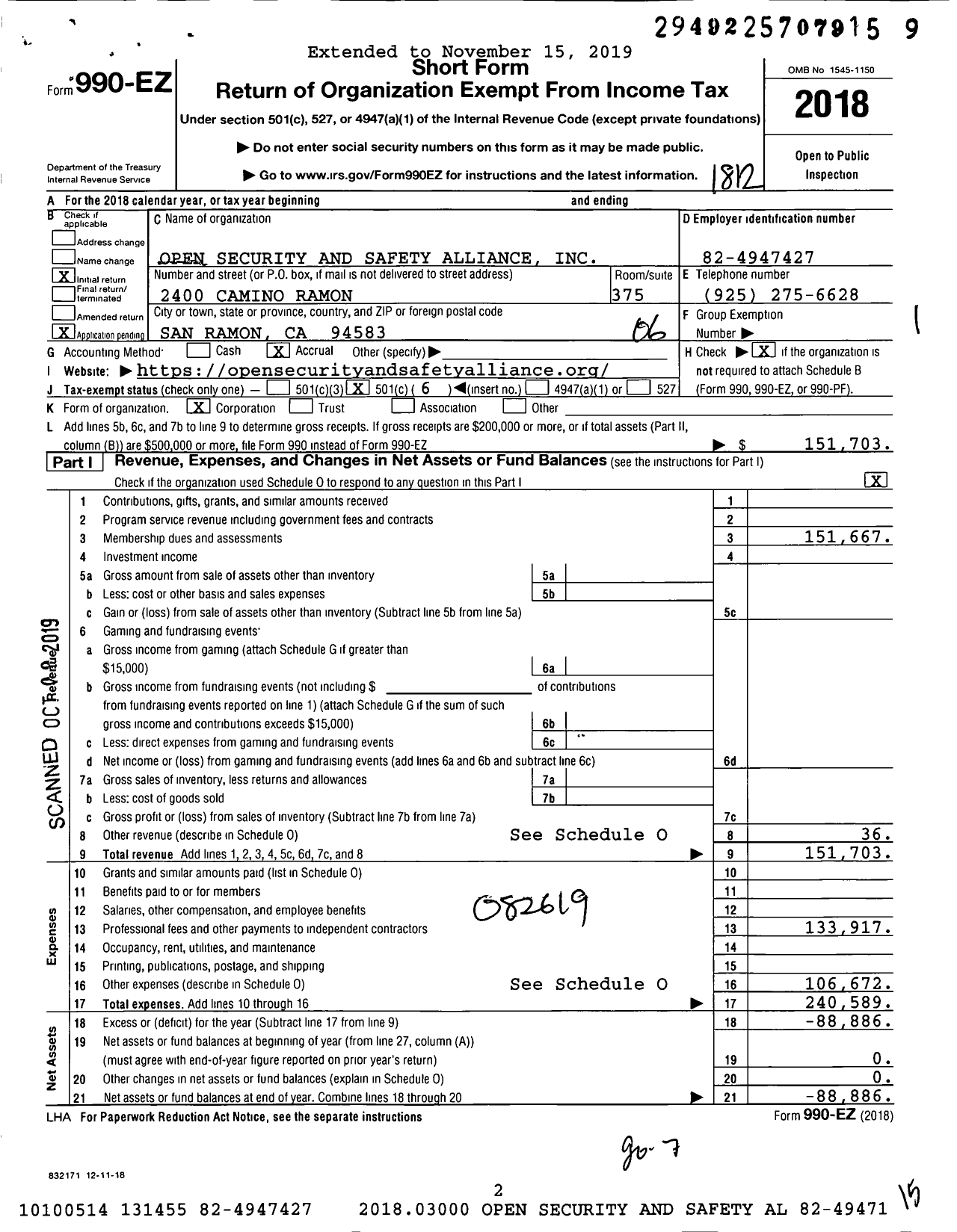 Image of first page of 2018 Form 990EO for Open Security and Safety Alliance