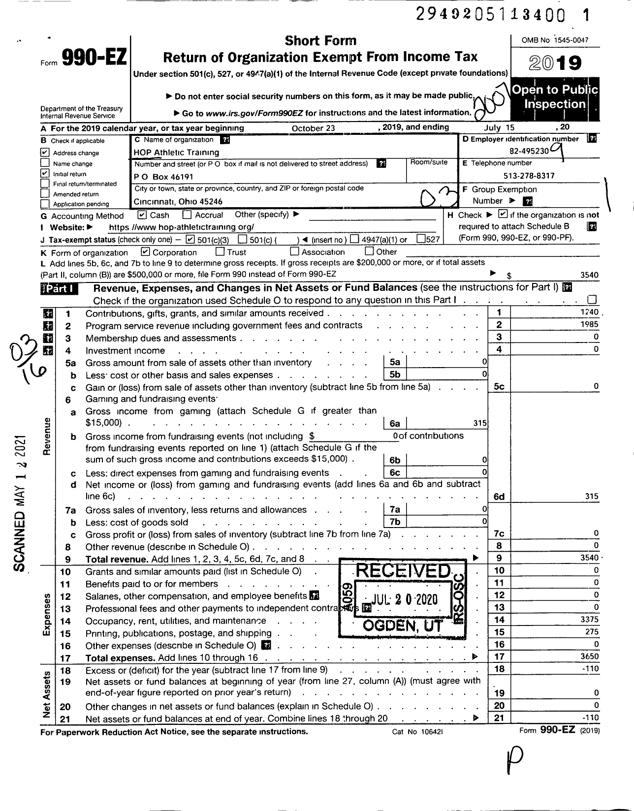 Image of first page of 2019 Form 990EZ for Hop Athletic Training