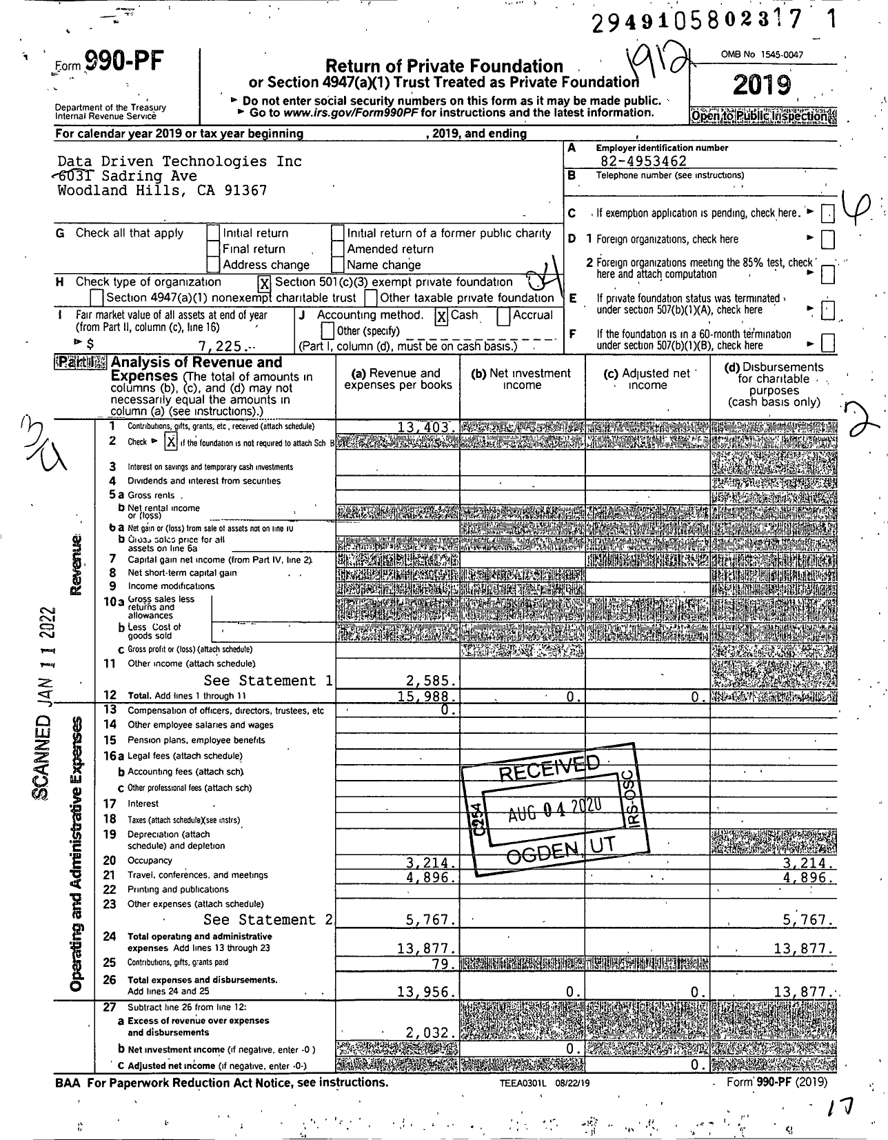 Image of first page of 2019 Form 990PF for Data Driven Technologies