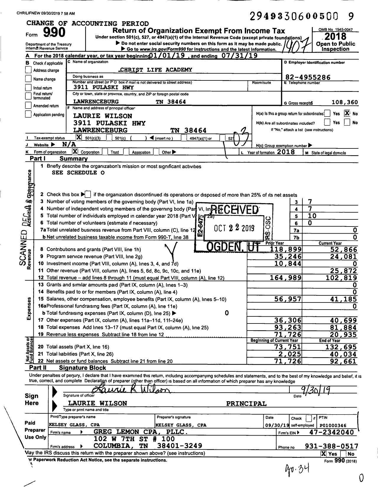 Image of first page of 2018 Form 990 for Christ Life Academy