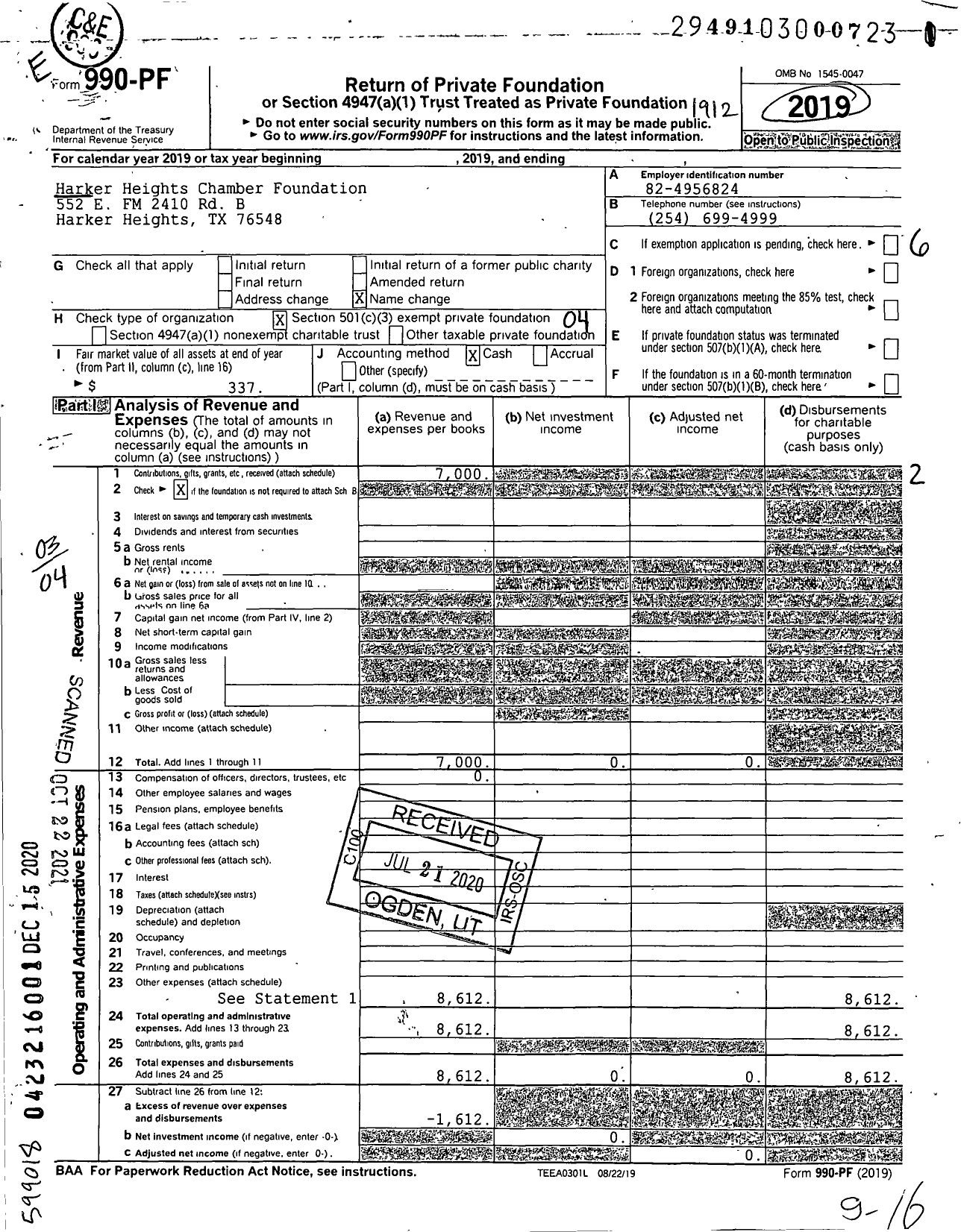 Image of first page of 2019 Form 990PF for Harker Heights Chamber Foundation