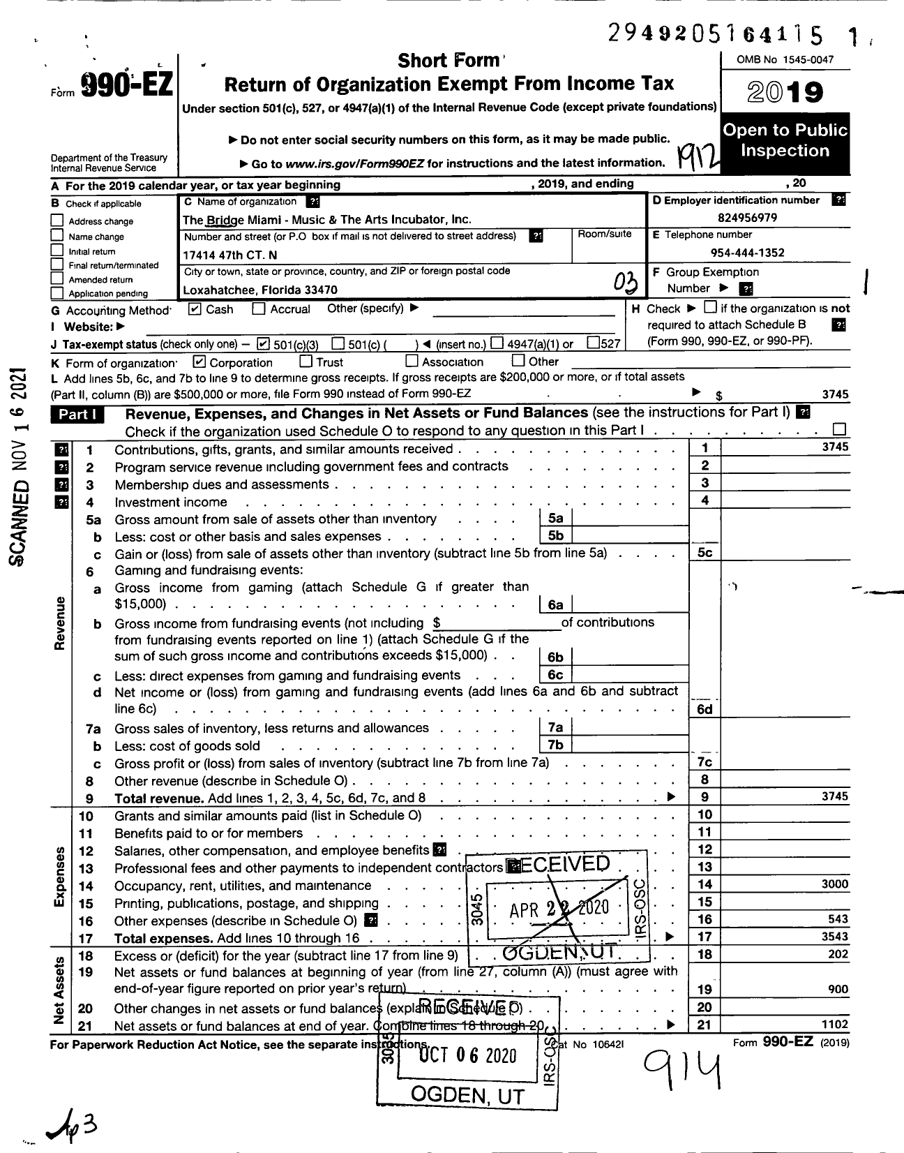 Image of first page of 2019 Form 990EZ for Bridge Miami - Music and the Arts Incubator