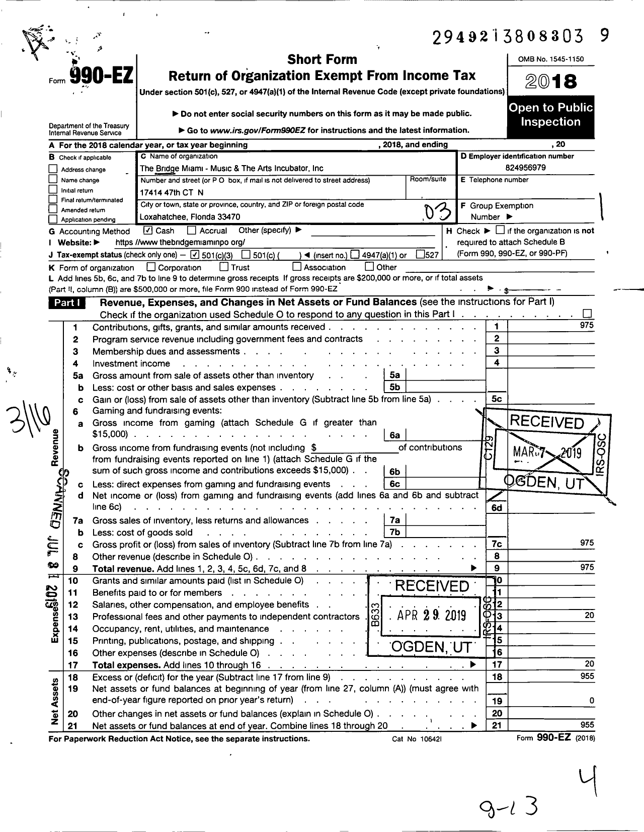 Image of first page of 2018 Form 990EZ for Bridge Miami - Music and the Arts Incubator