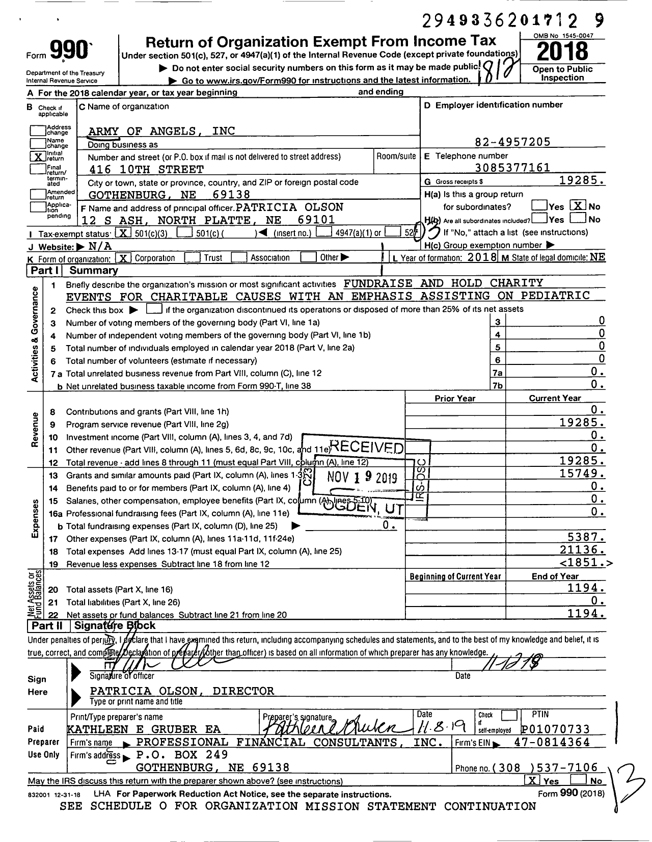 Image of first page of 2018 Form 990 for Army of Angels