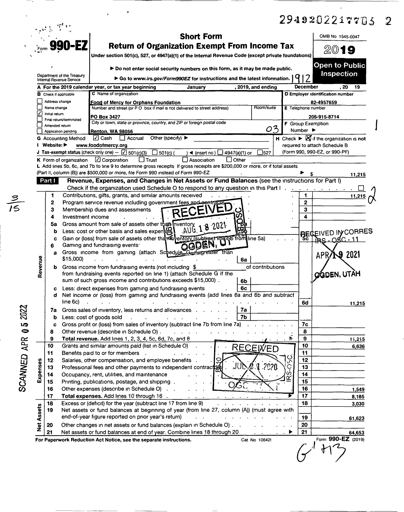 Image of first page of 2019 Form 990EZ for Food of Mercy for Orphans Foundation