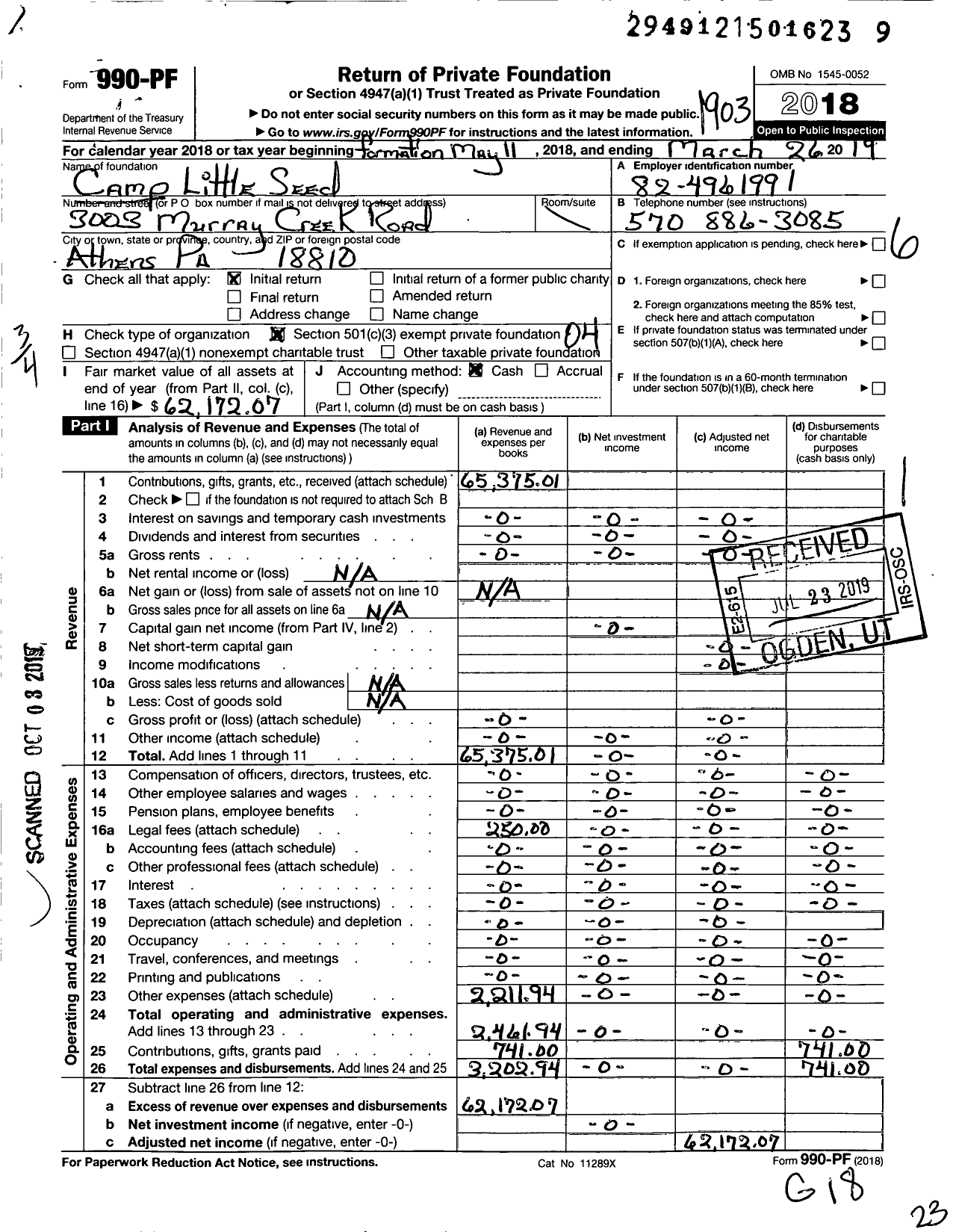 Image of first page of 2018 Form 990PF for Camp Little Seed