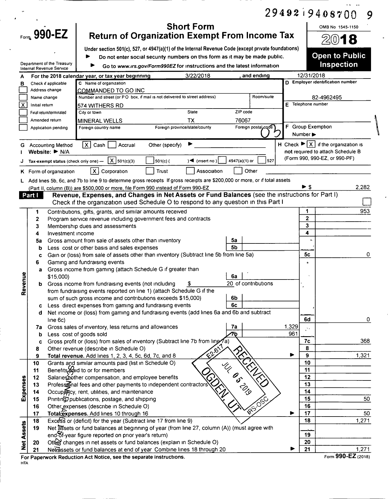 Image of first page of 2018 Form 990EZ for Commanded To Go