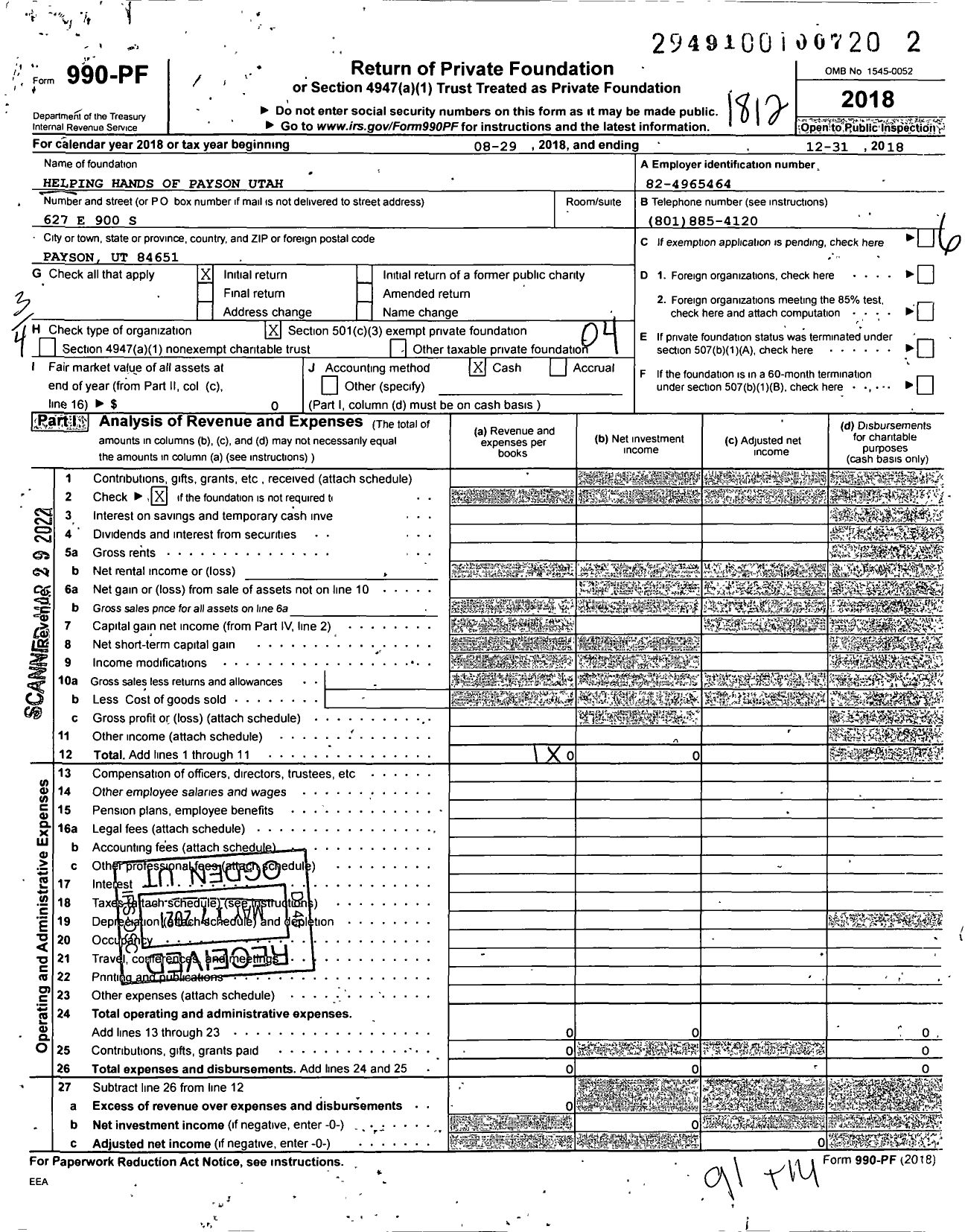 Image of first page of 2018 Form 990PF for Helping Hands of Payson Utah