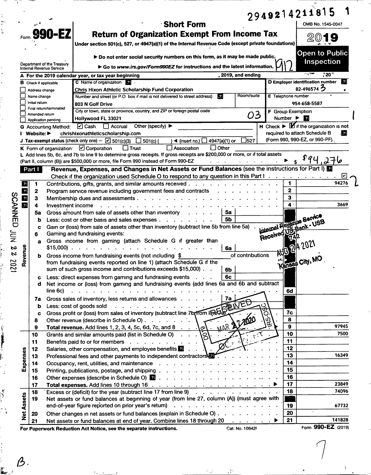 Image of first page of 2019 Form 990EZ for Chris Hixon Foundation Corporation