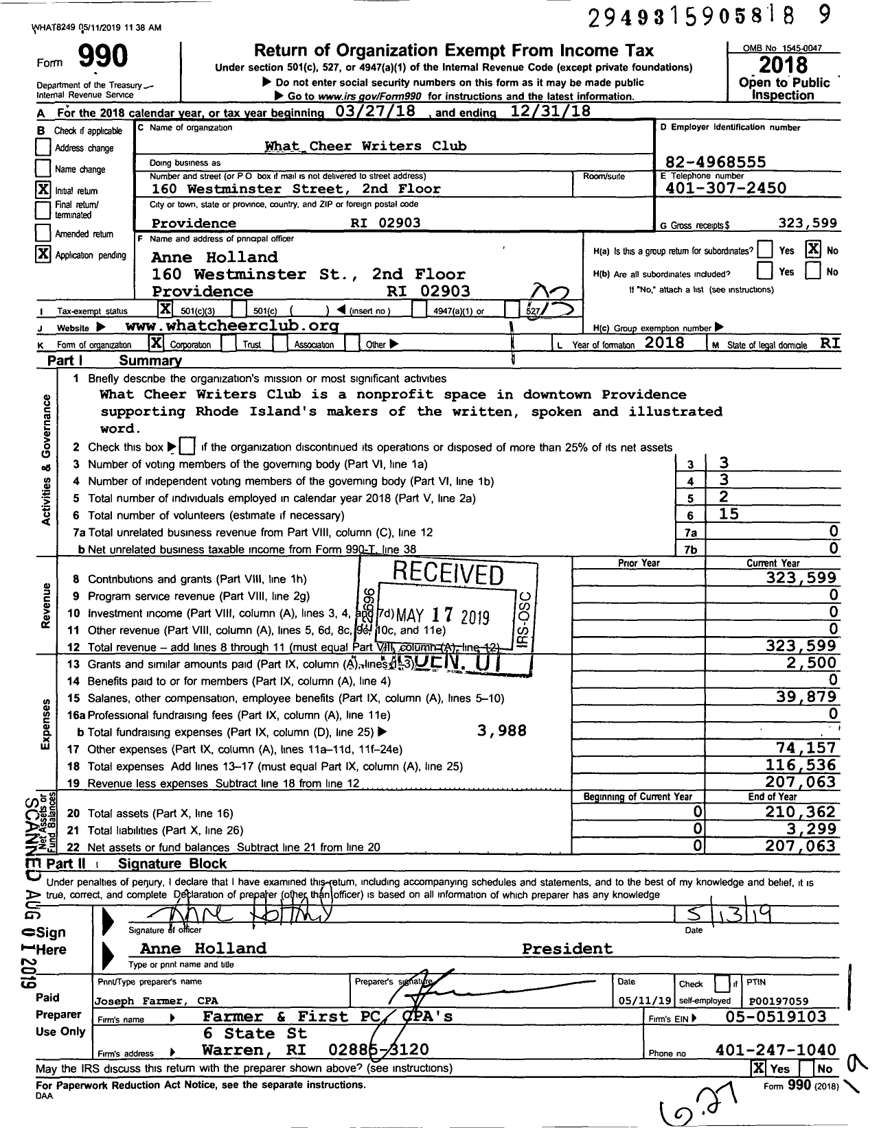 Image of first page of 2018 Form 990 for LitArts RI