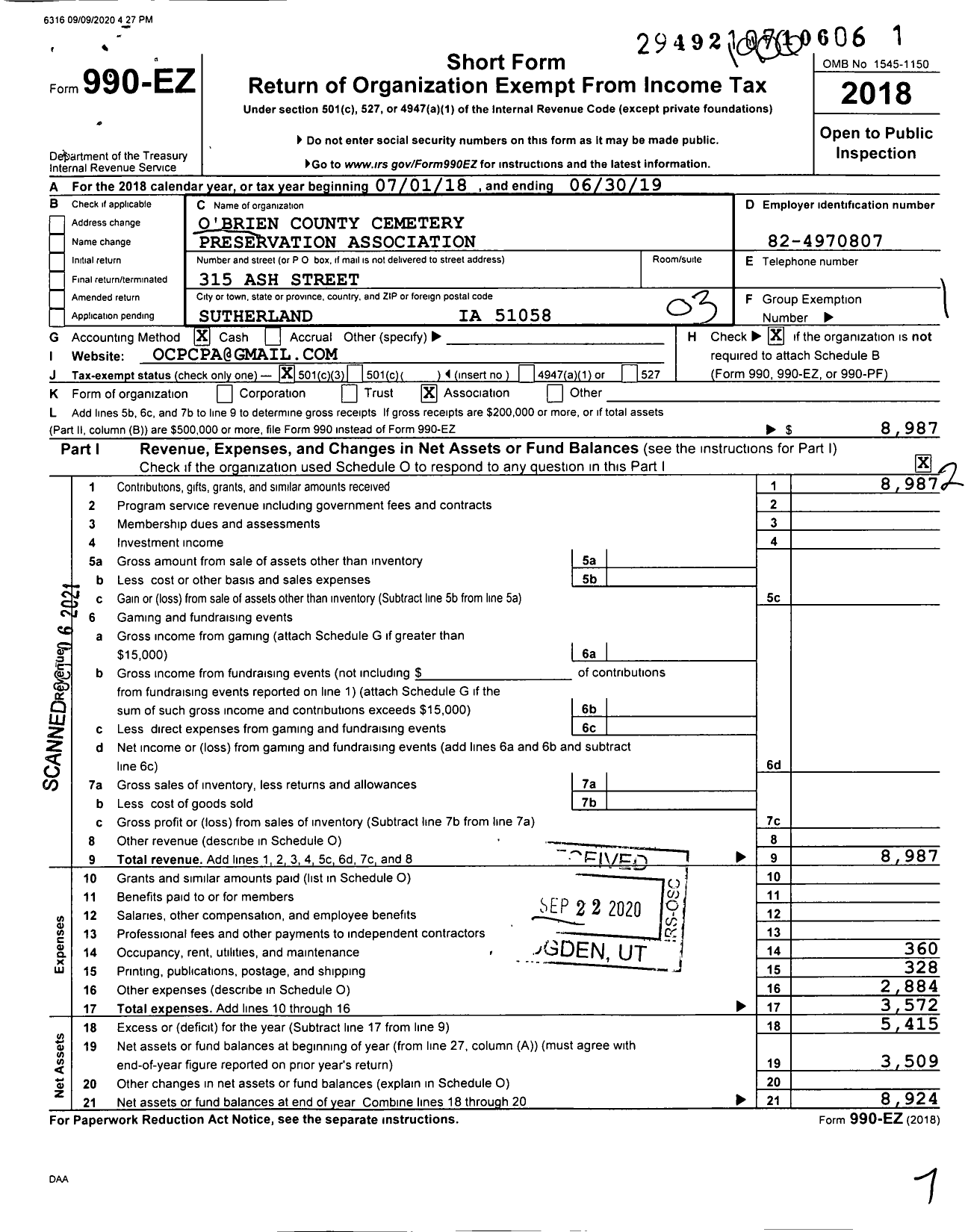 Image of first page of 2018 Form 990EZ for Obrien County Cemetery Preservation Association