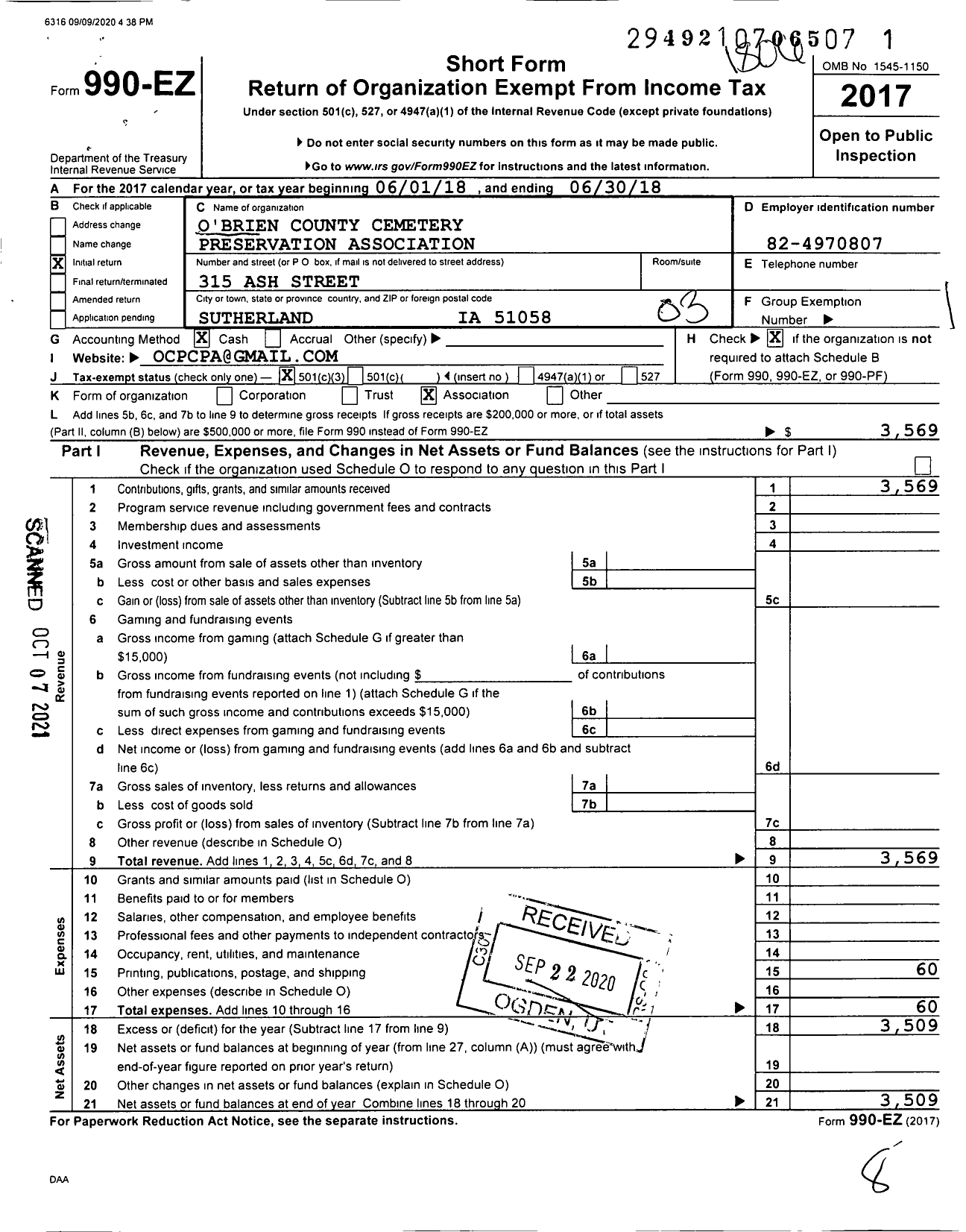 Image of first page of 2017 Form 990EZ for Obrien County Cemetery Preservation Association