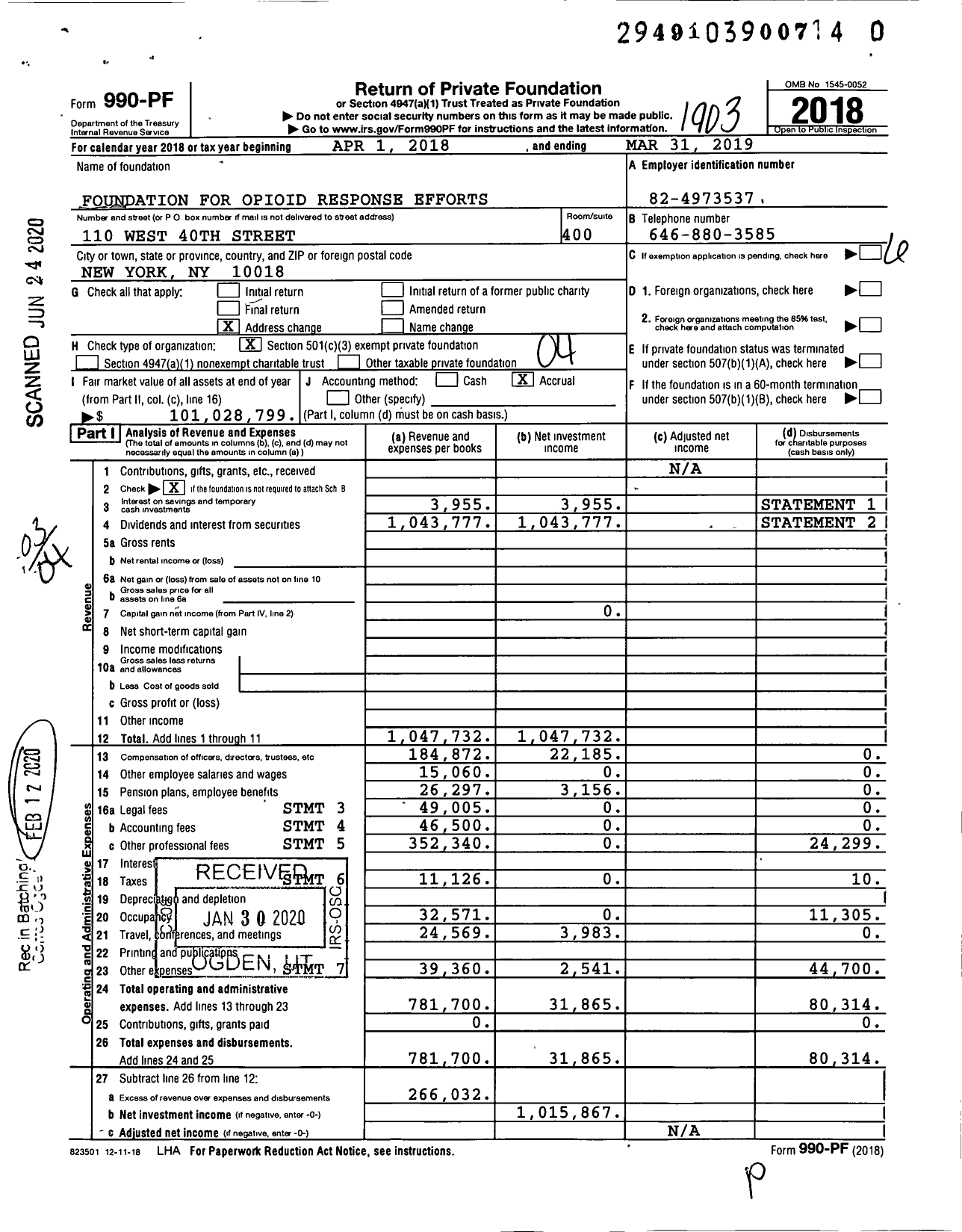 Image of first page of 2018 Form 990PR for Foundation for Opioid Response Efforts