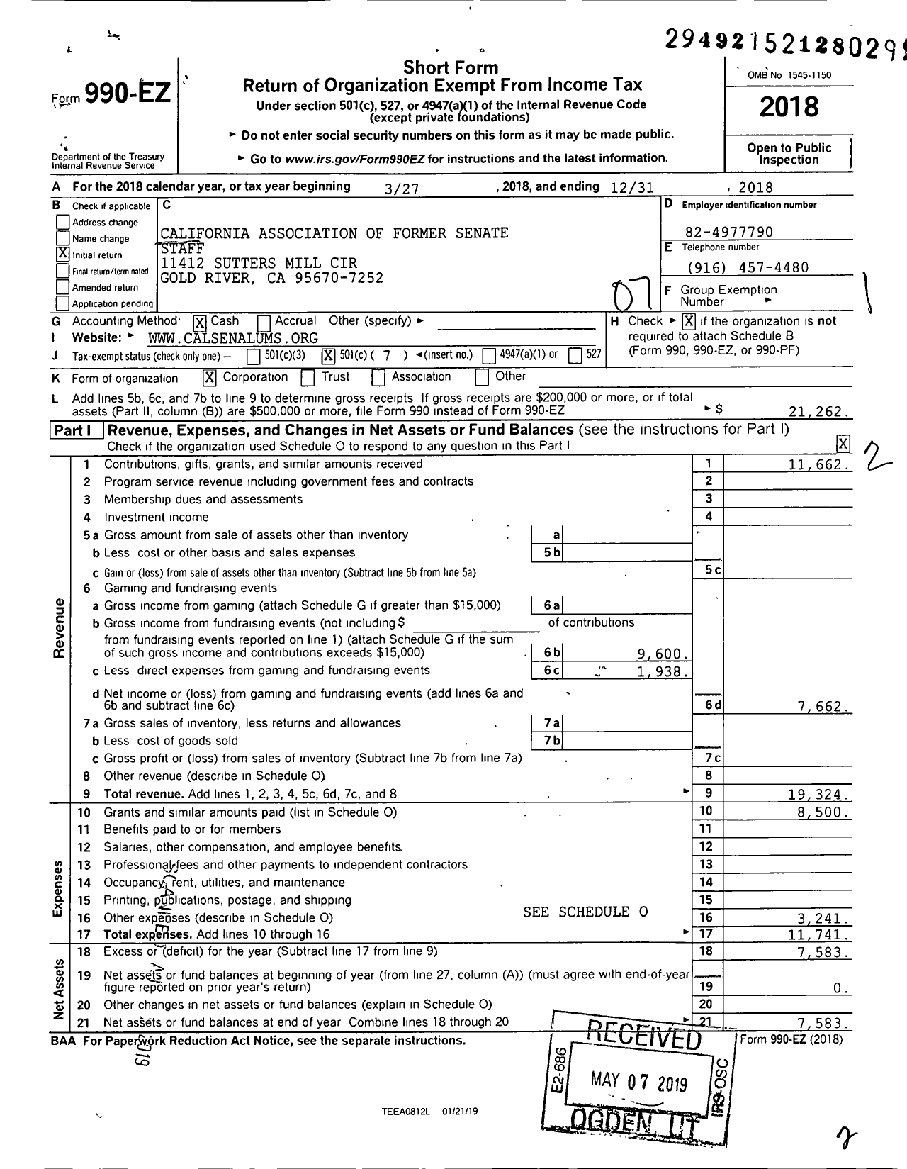 Image of first page of 2018 Form 990EO for California Association of Former Senate Staff