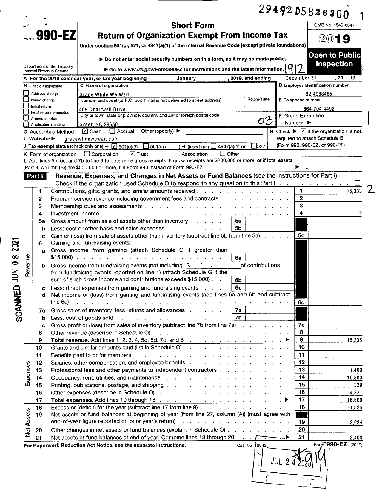 Image of first page of 2019 Form 990EZ for Grace While We Wait