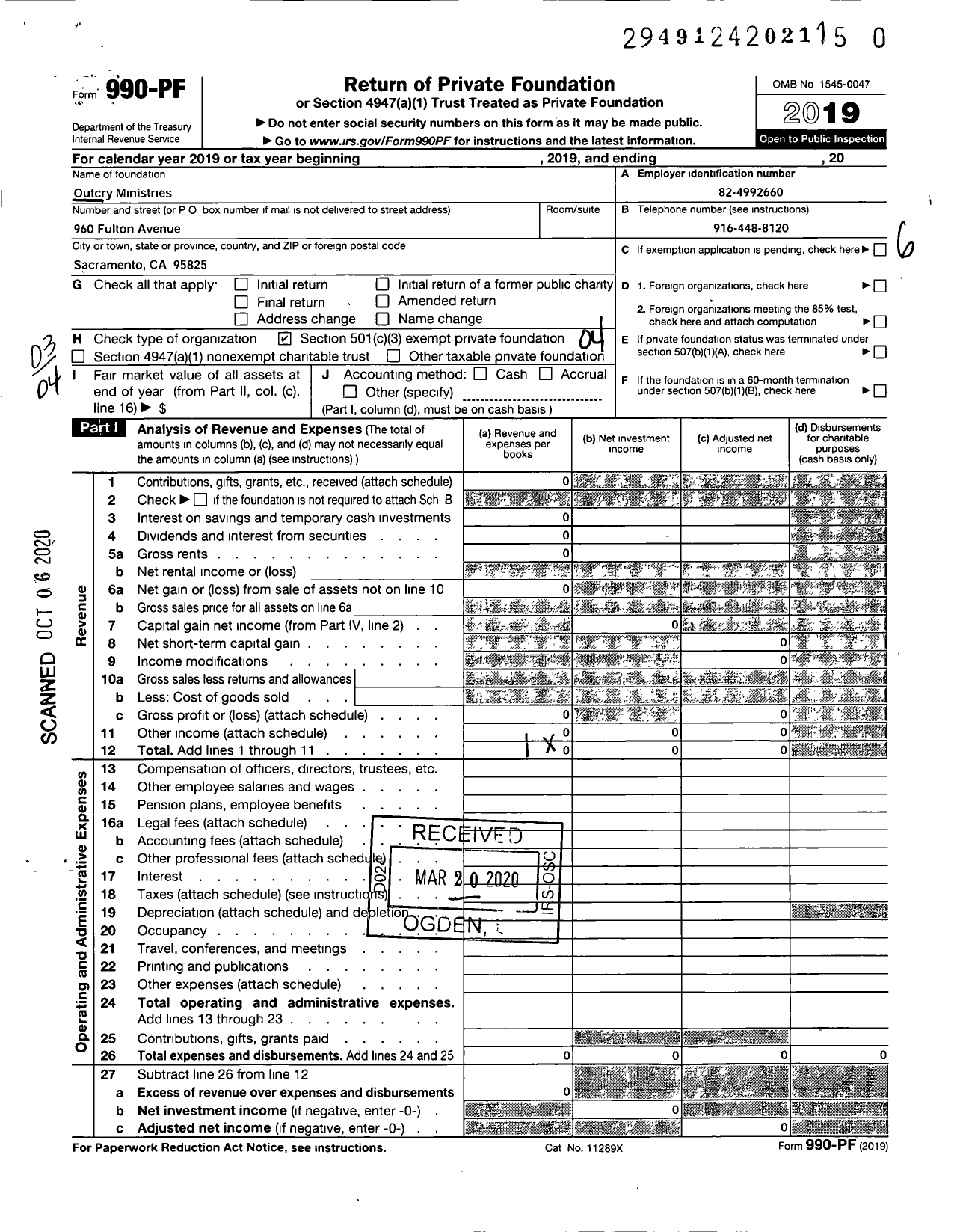 Image of first page of 2019 Form 990PR for Outcry Ministries