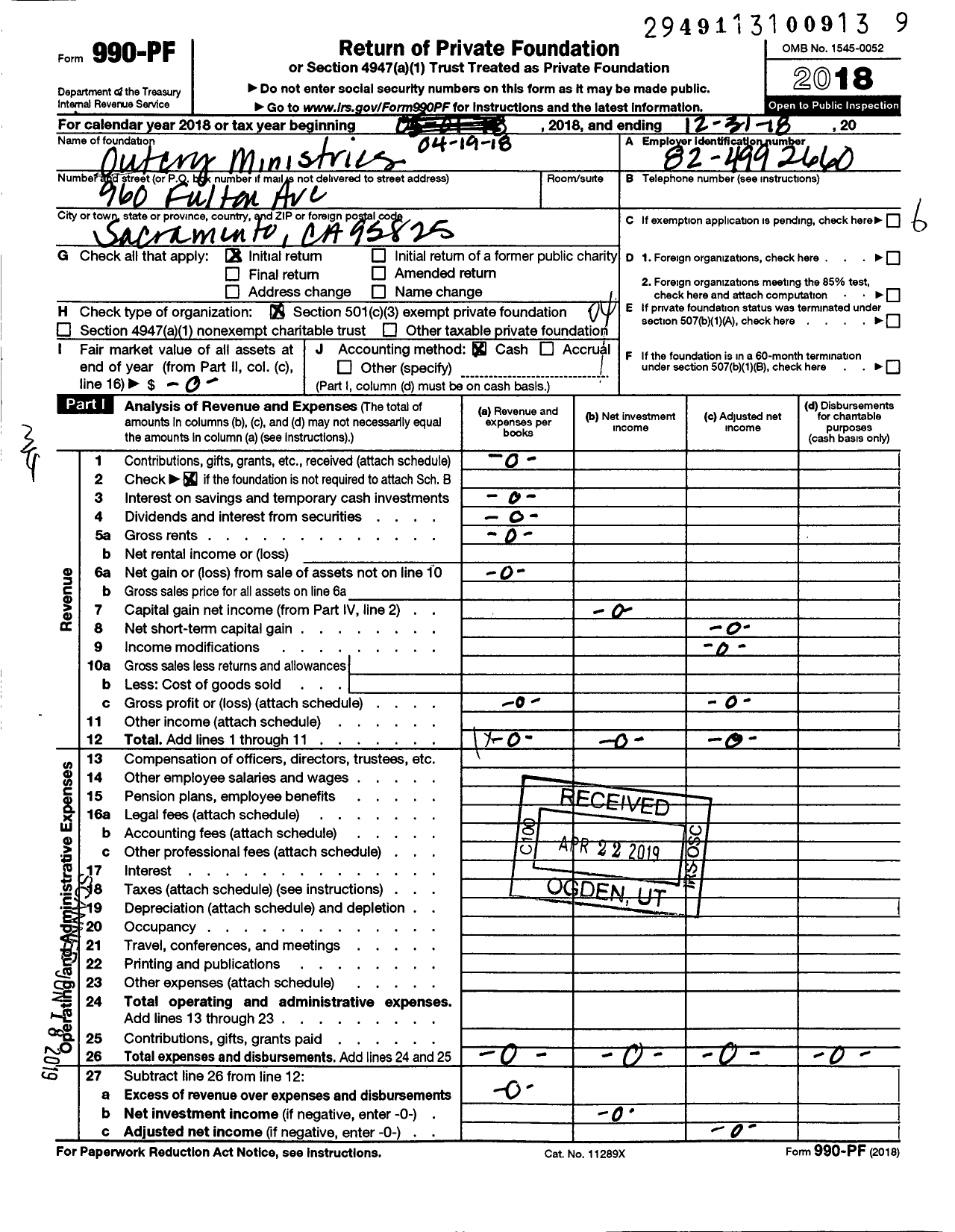 Image of first page of 2018 Form 990PF for Outcry Ministries