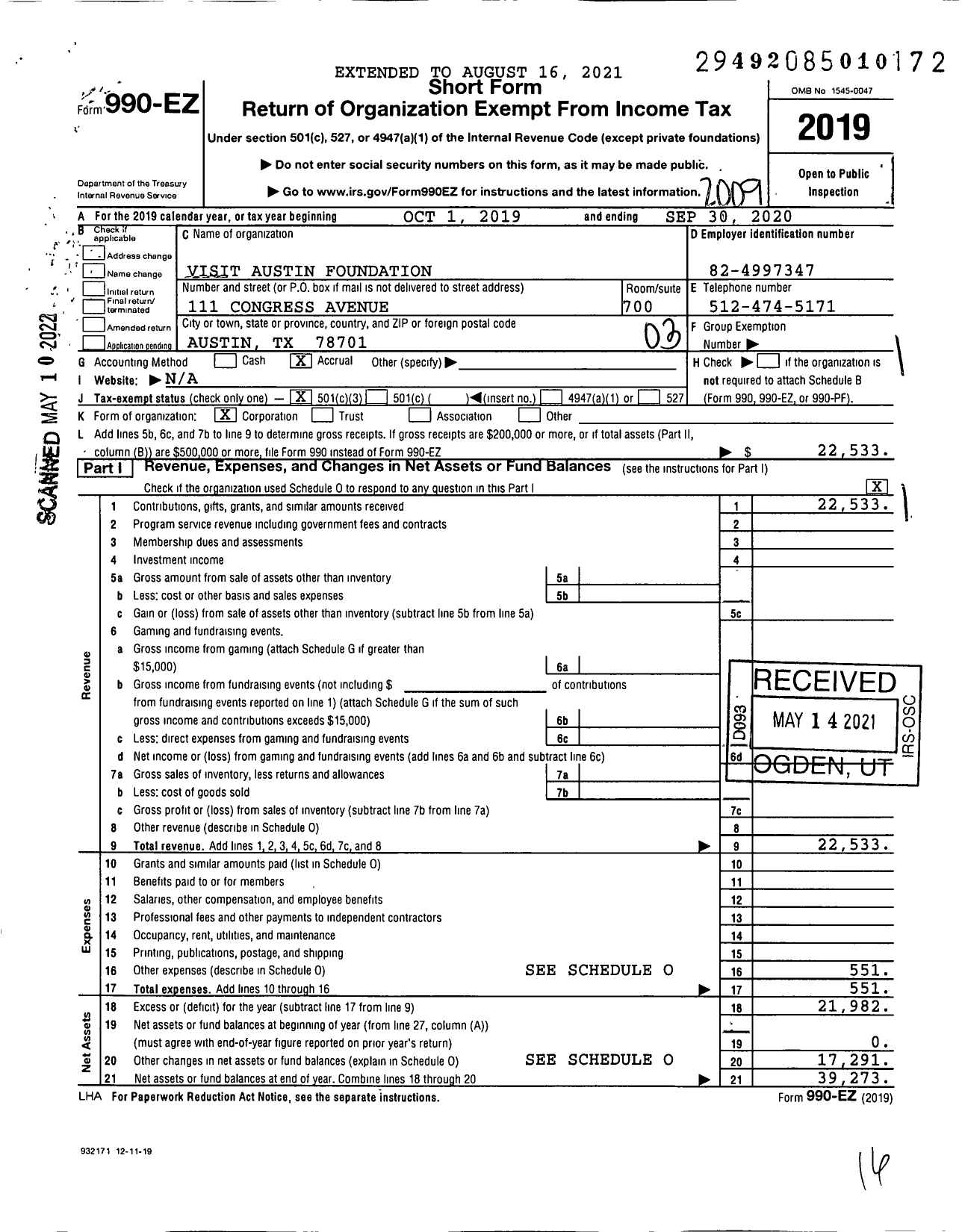 Image of first page of 2019 Form 990EZ for Visit Austin Foundation