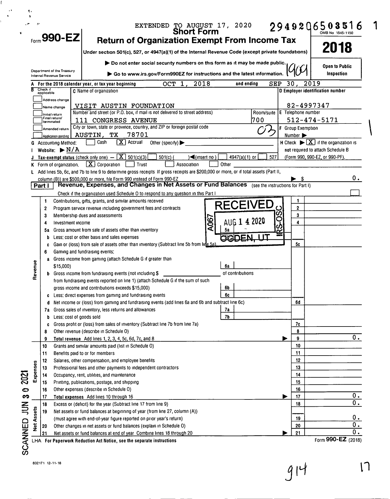 Image of first page of 2018 Form 990EZ for Visit Austin Foundation