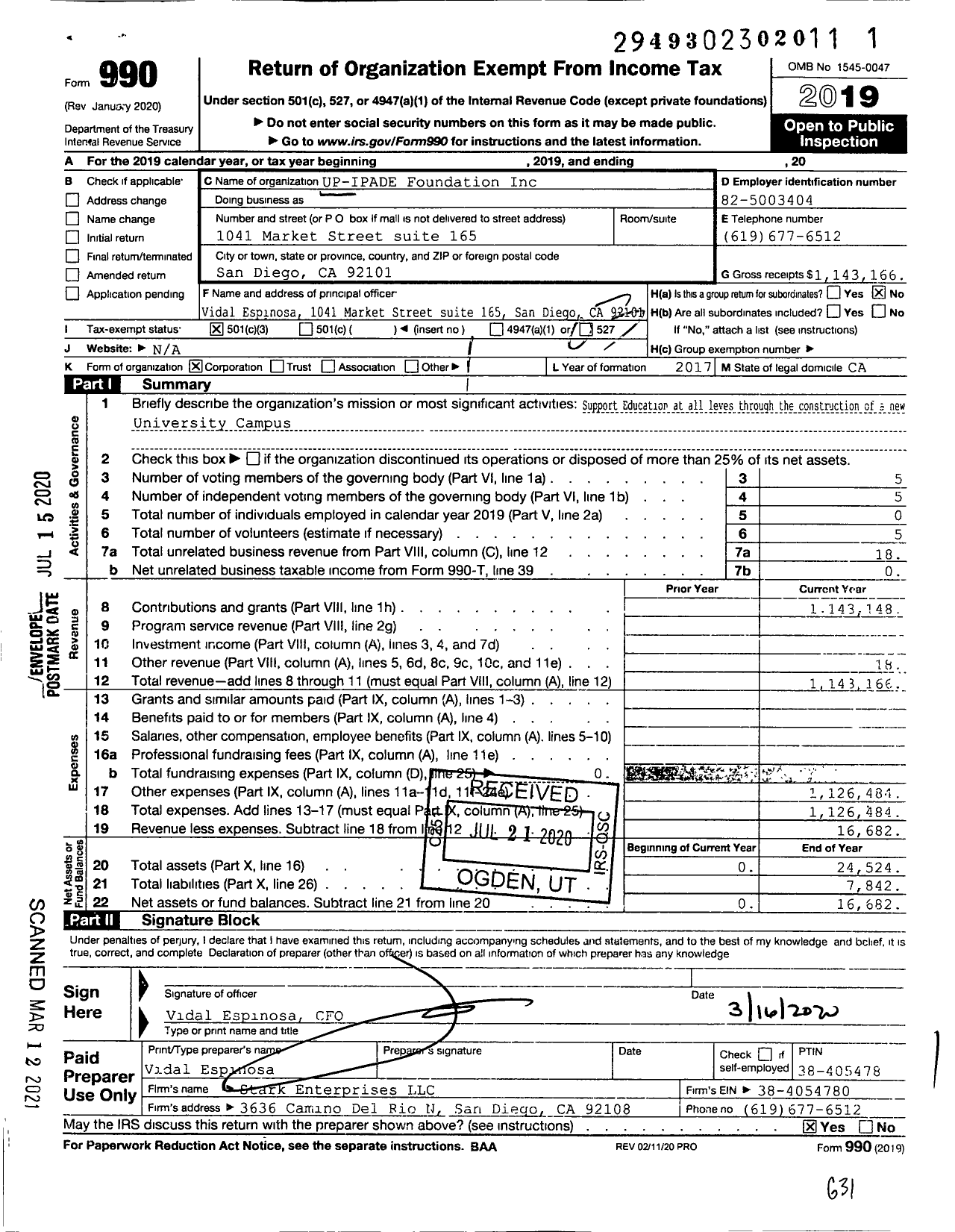 Image of first page of 2019 Form 990 for Up - Ipade Foundation