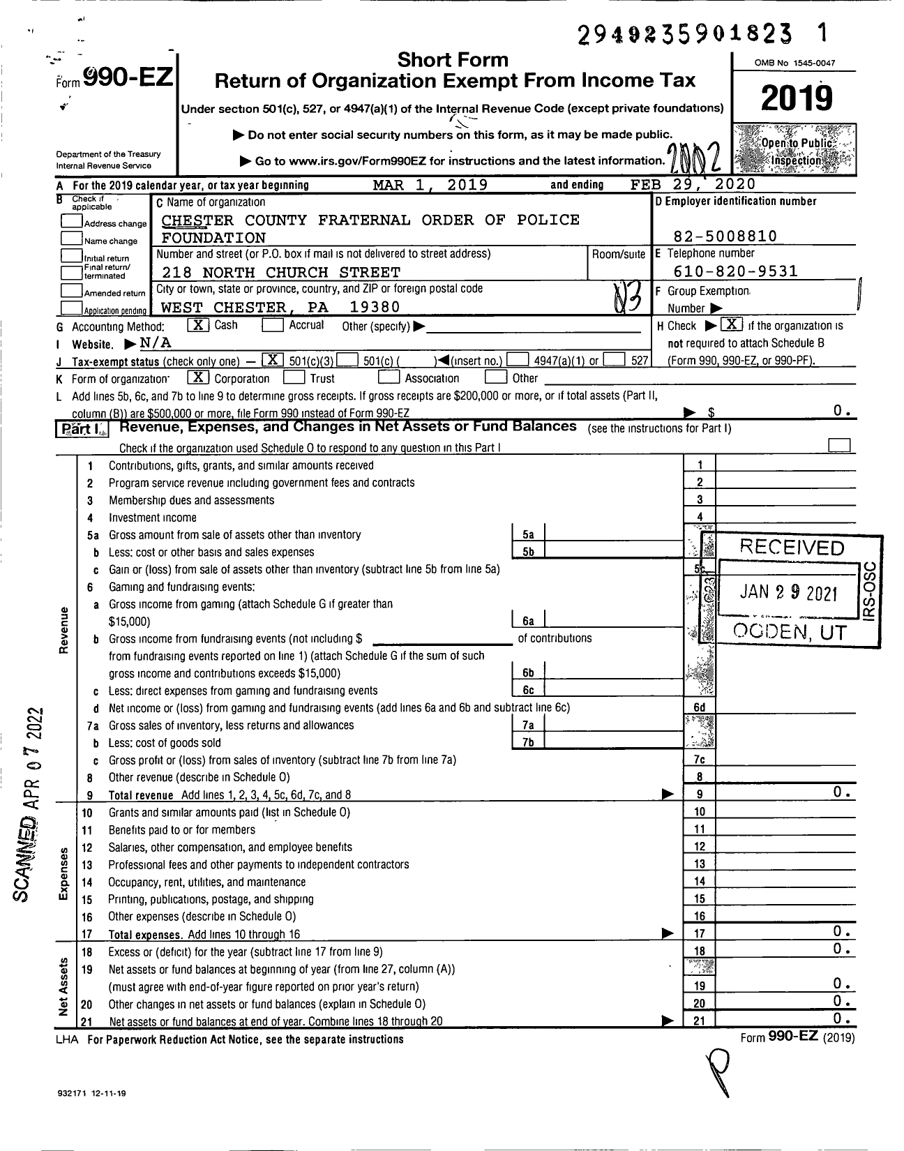 Image of first page of 2019 Form 990EZ for Chester County Fraternal Order of Police Foundation