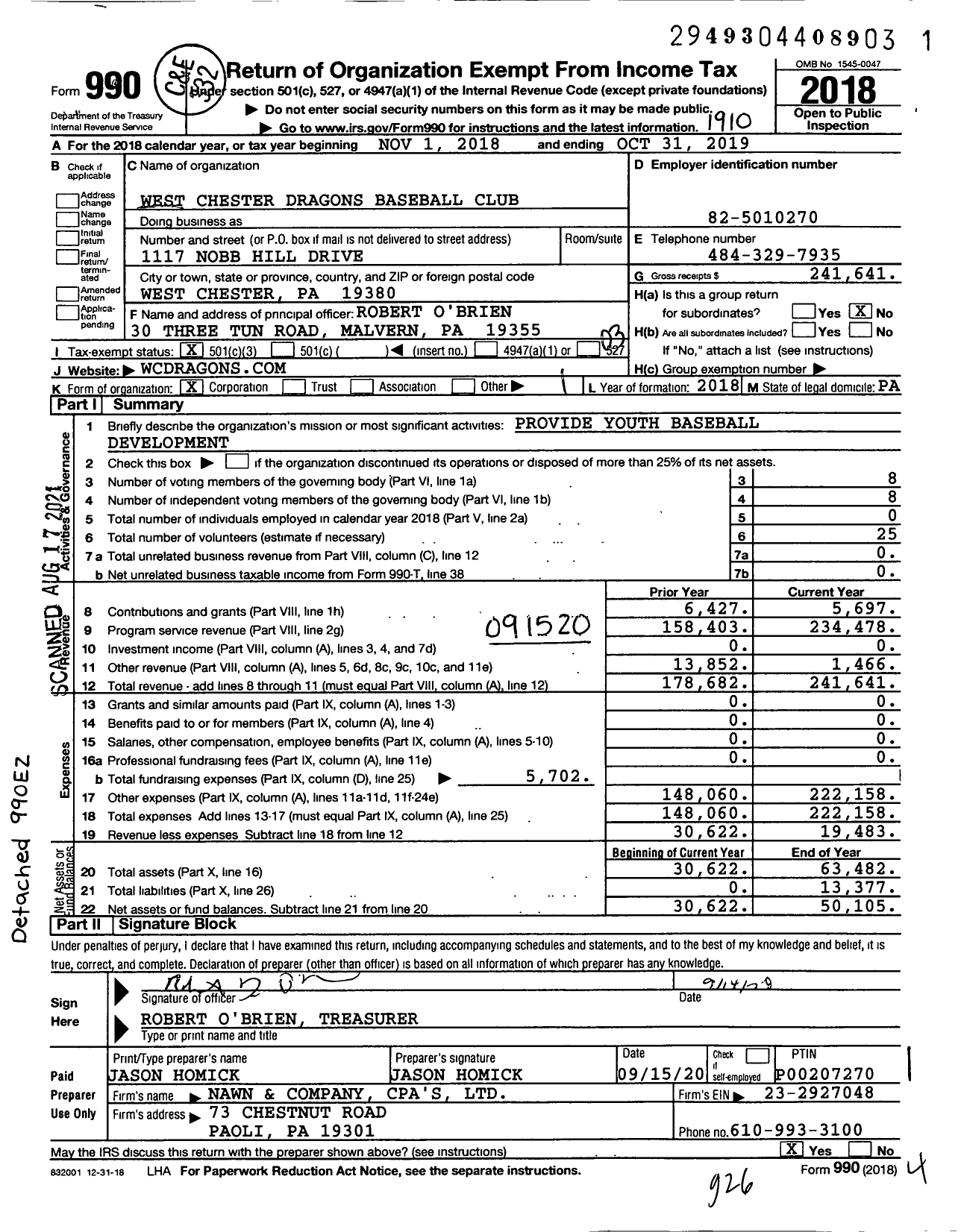 Image of first page of 2018 Form 990 for West Chester Dragons Baseball Club